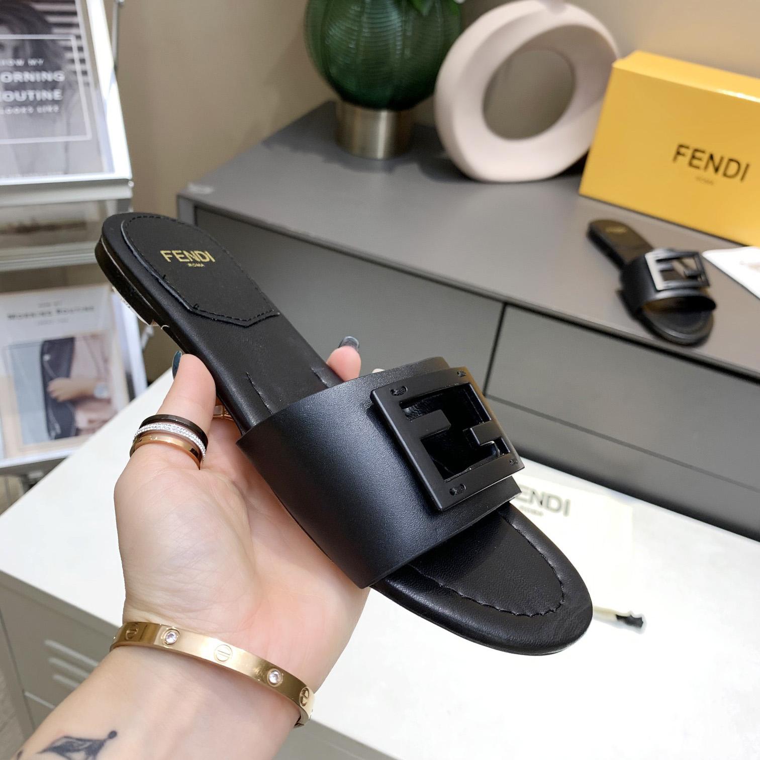 Fendi Signature Black Leather Slides - PerfectKickZ