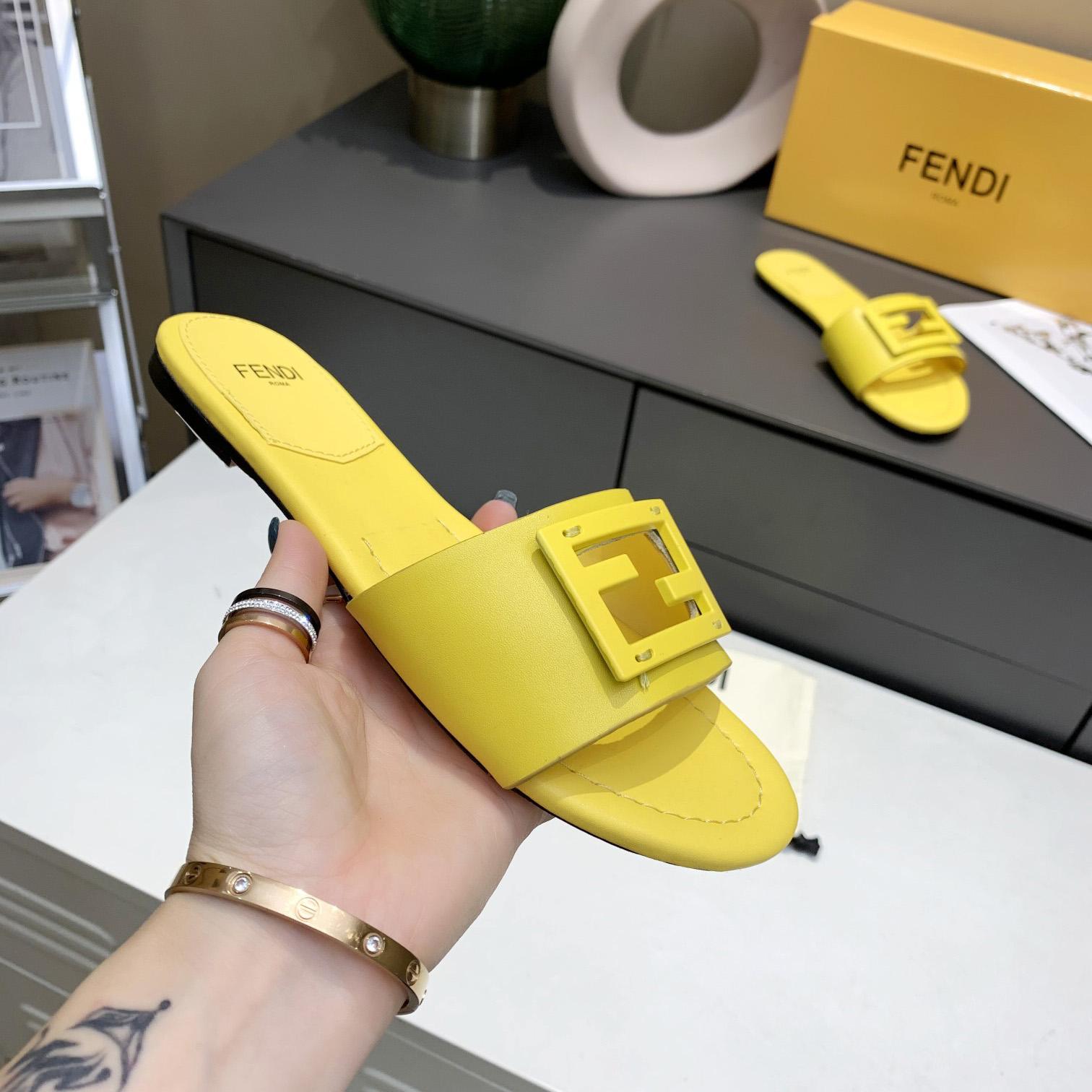 Fendi Signature Yellow Leather Slides - PerfectKickZ