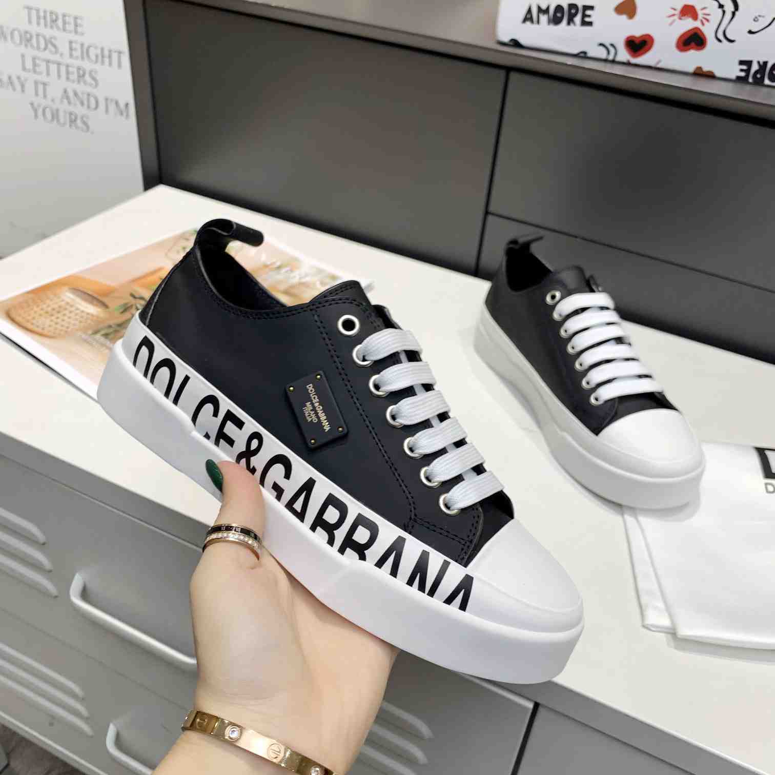 Dolce & Gabbana Calfskin Portofino Light Sneakers With Logo-Detailed Plate And Logo Print - PerfectKickZ