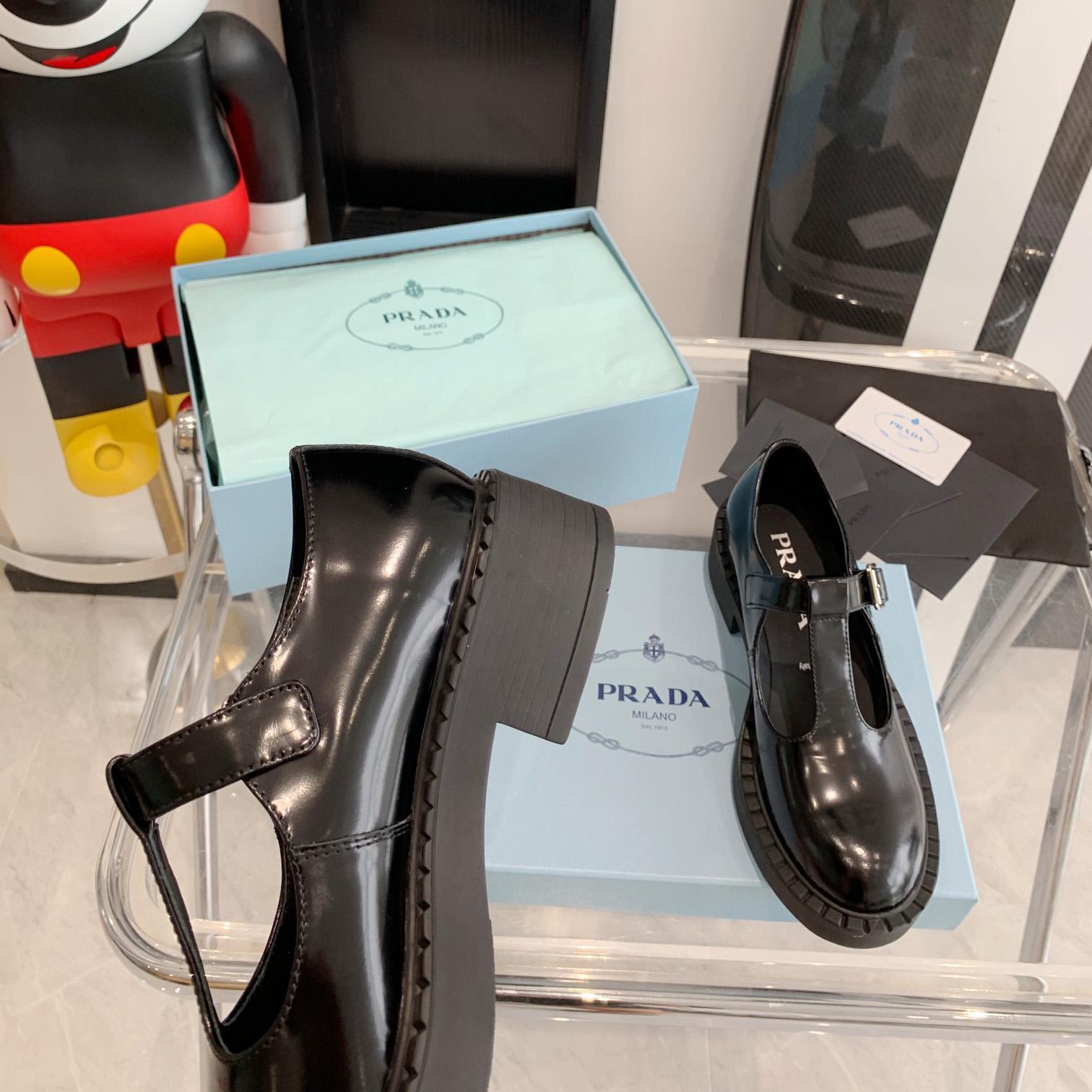 Prada Brushed-Leather Mary Jane T-strap Shoes - PerfectKickZ