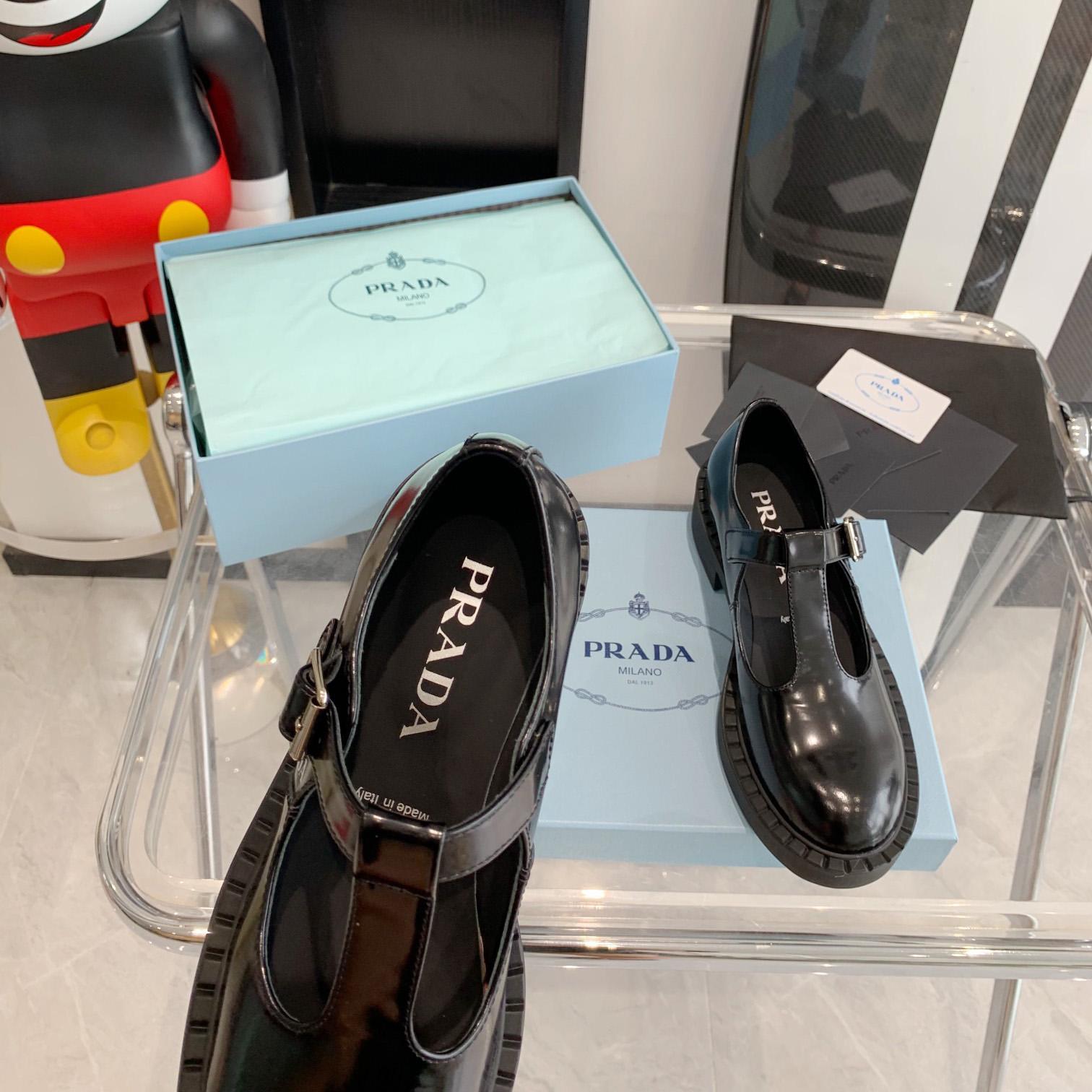 Prada Brushed-Leather Mary Jane T-strap Shoes - PerfectKickZ