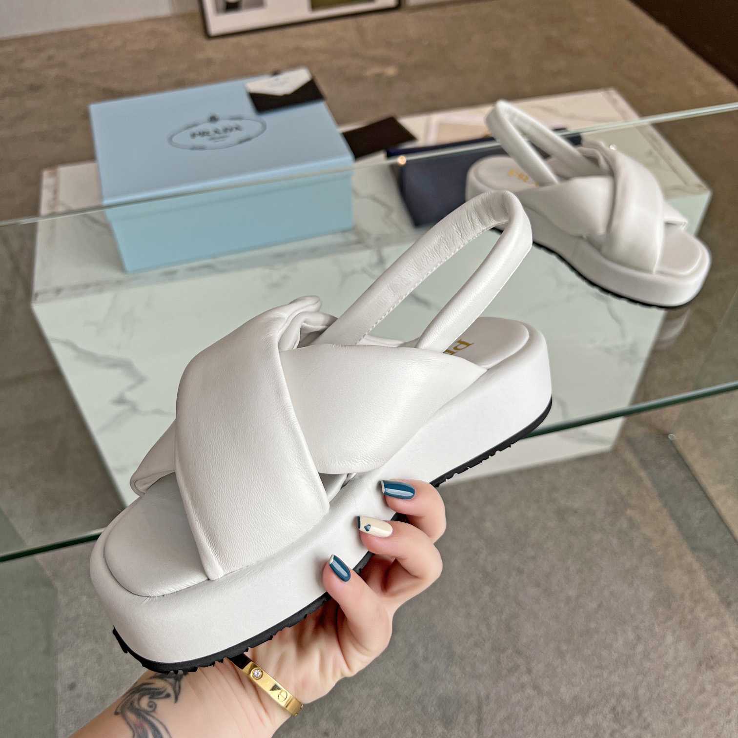 Prada Soft Padded Nappa Leather Wedge Sandals - PerfectKickZ
