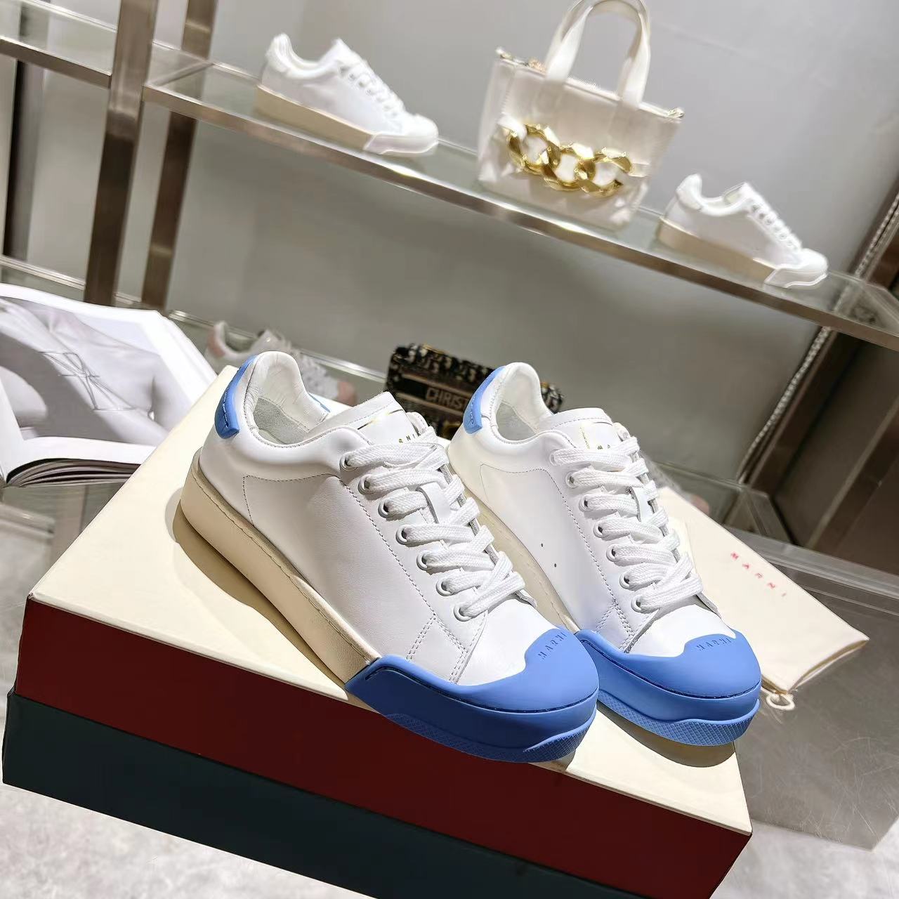 Marni Dada Bumper Sneaker In White And Blue Leather - PerfectKickZ
