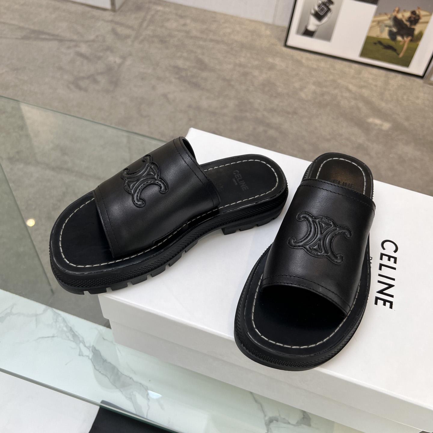 Celine Clea Triomphe Slide In Vegetable - Black Calfskin - 