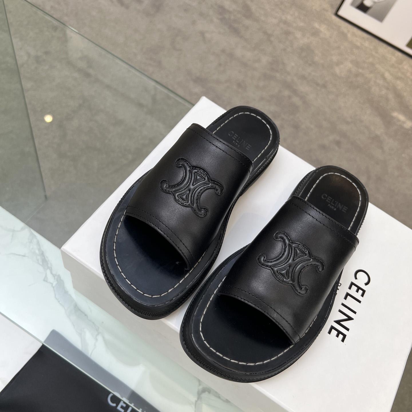 Celine Clea Triomphe Slide In Vegetable - Black Calfskin - 