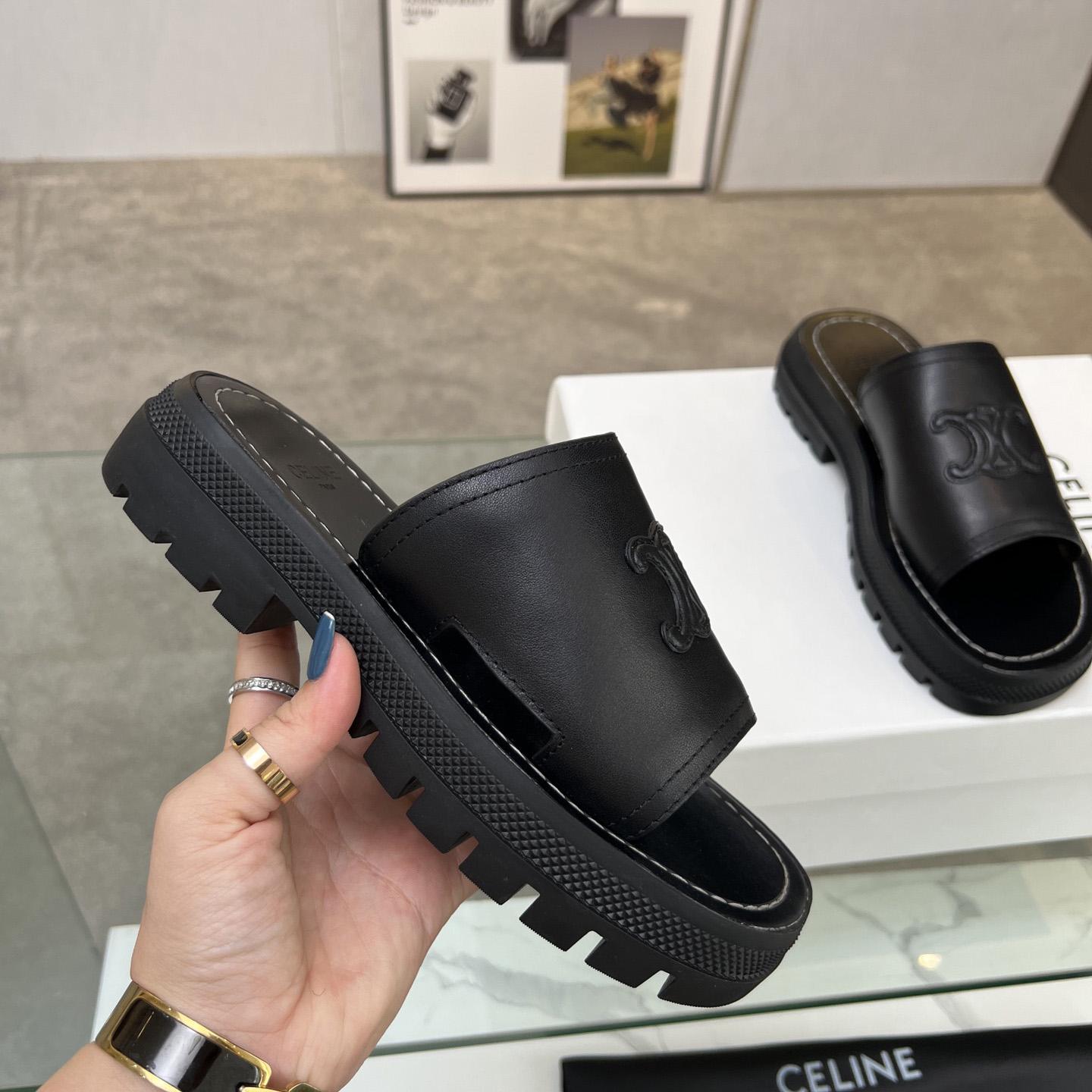 Celine Clea Triomphe Slide In Vegetable - Black Calfskin - 