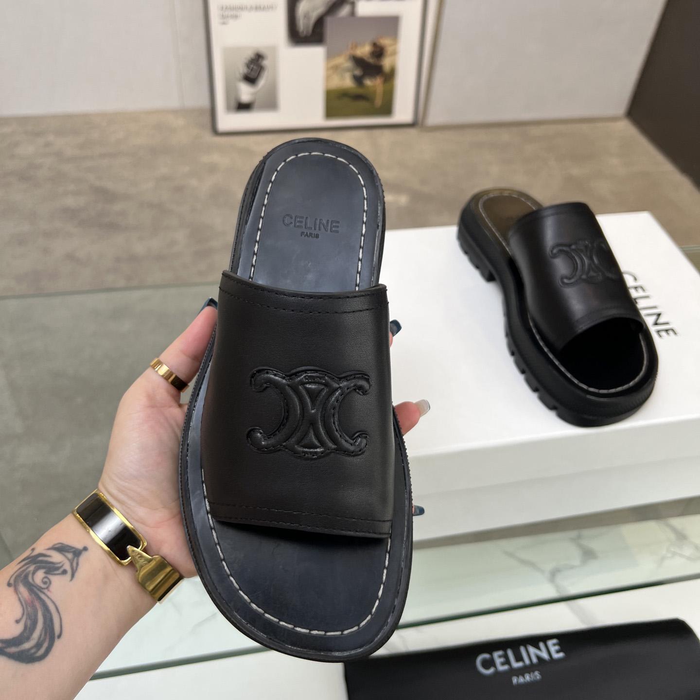 Celine Clea Triomphe Slide In Vegetable - Black Calfskin - 