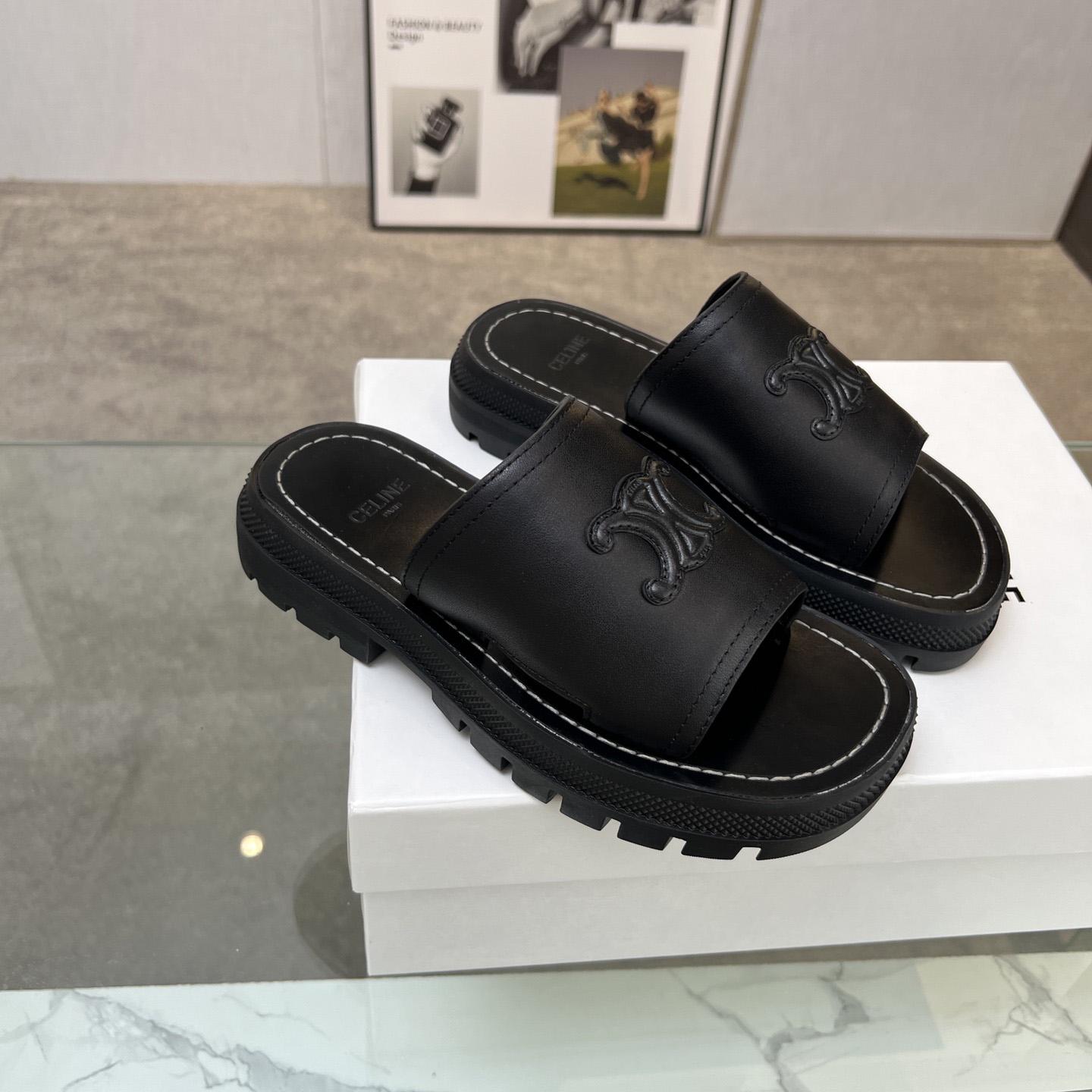Celine Clea Triomphe Slide In Vegetable - Black Calfskin - PerfectKickZ
