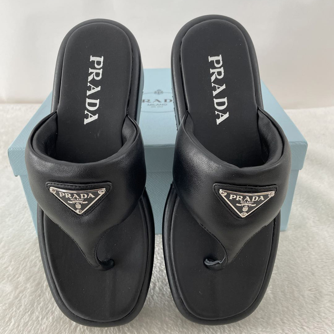 Prada Soft Padded Nappa Leather Thong Wedge Sandals - PerfectKickZ