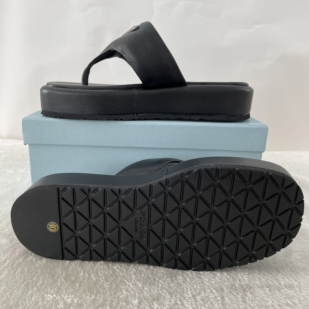 Prada Soft Padded Nappa Leather Thong Wedge Sandals - PerfectKickZ