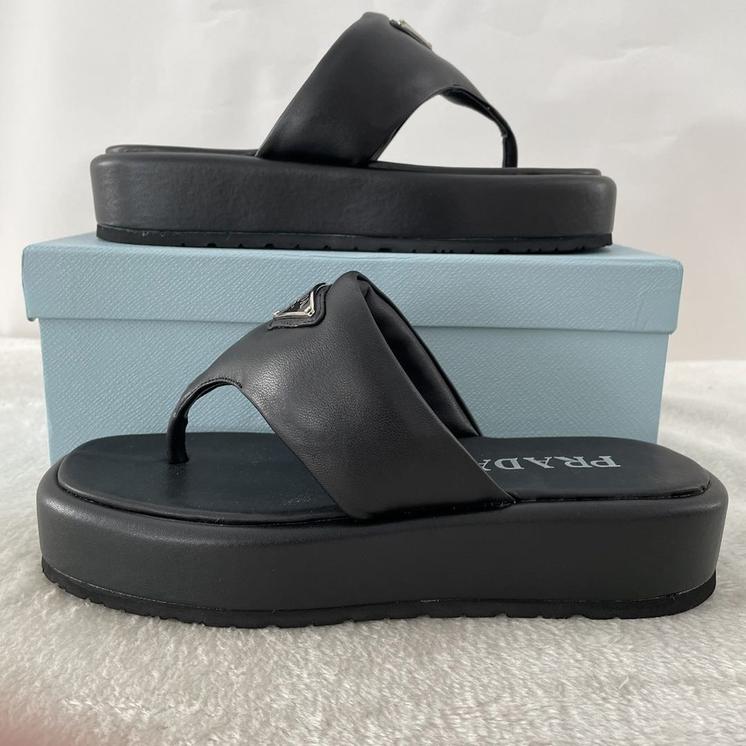 Prada Soft Padded Nappa Leather Thong Wedge Sandals - PerfectKickZ