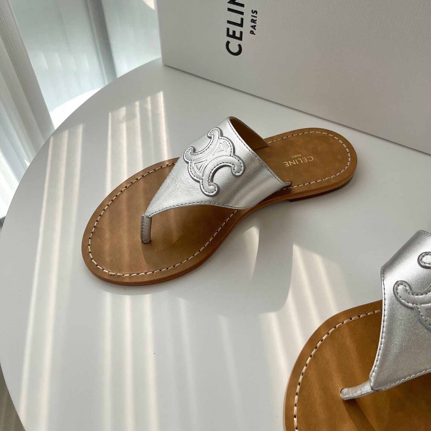 Celine Triomphe Flat Thong In Metalized Calfskin Silver - PerfectKickZ
