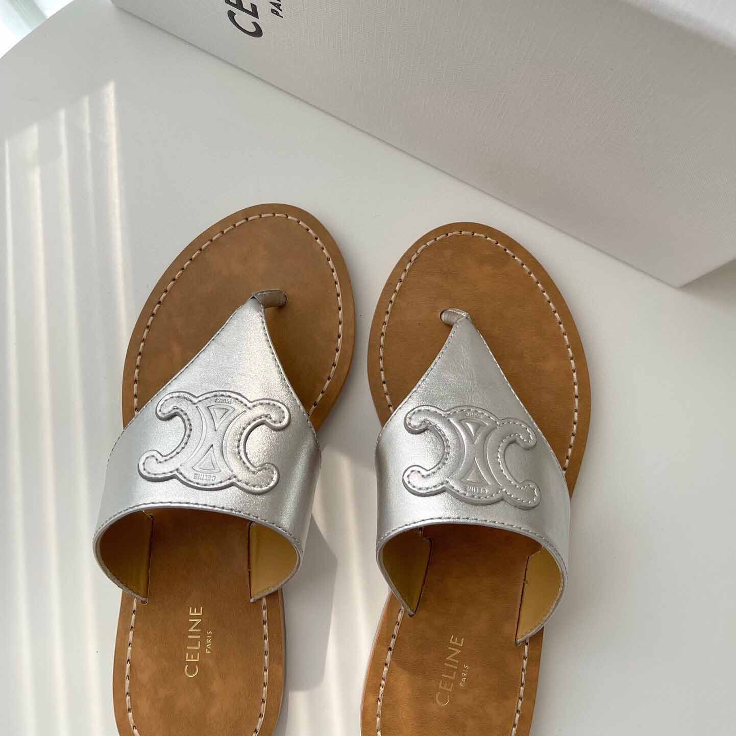Celine Triomphe Flat Thong In Metalized Calfskin Silver - PerfectKickZ