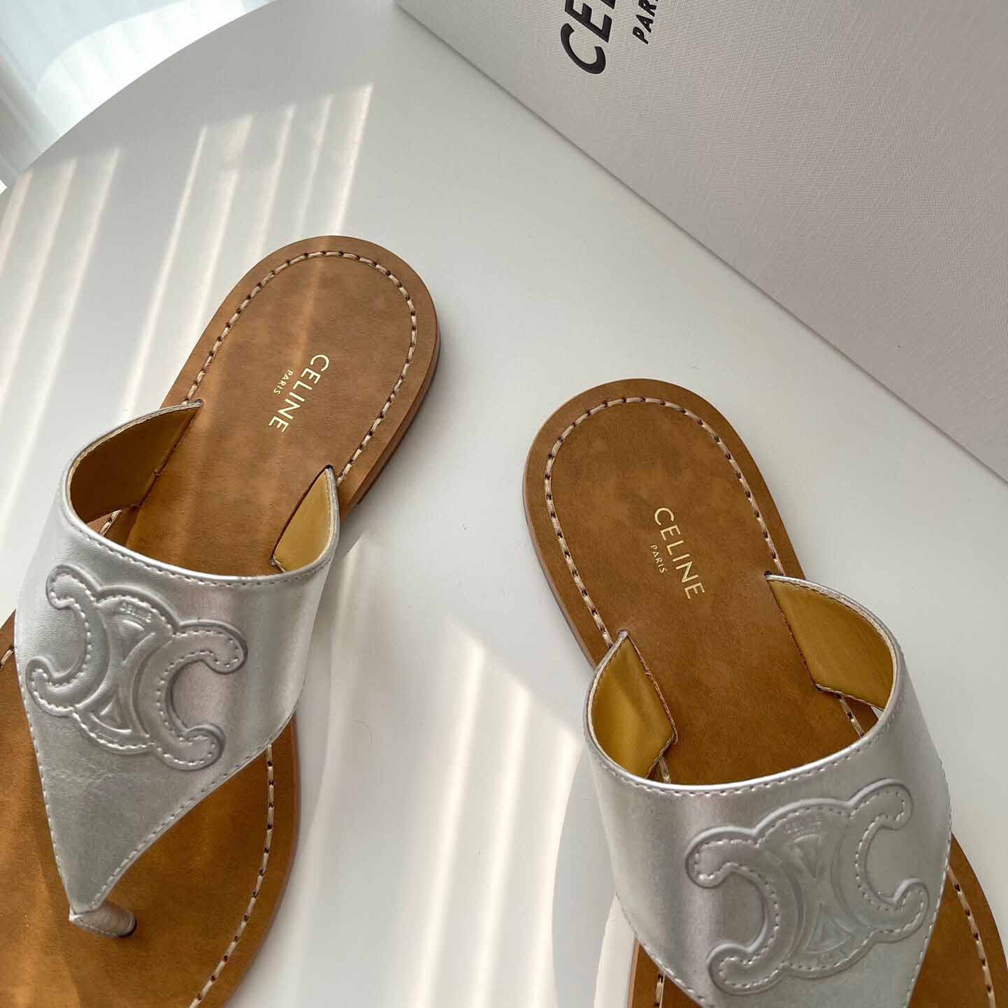 Celine Triomphe Flat Thong In Metalized Calfskin Silver - PerfectKickZ