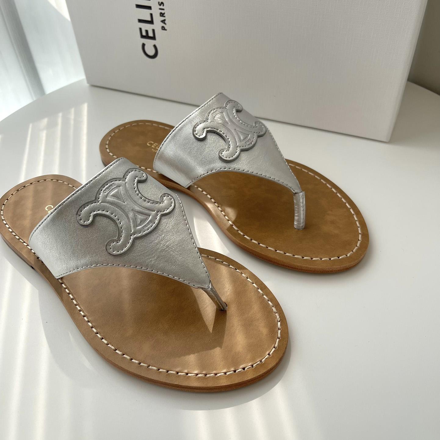 Celine Triomphe Flat Thong In Metalized Calfskin Silver - PerfectKickZ