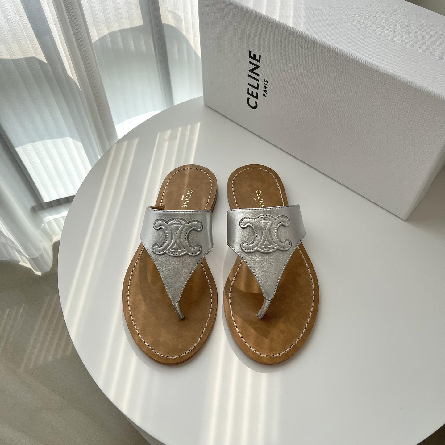 Celine Triomphe Flat Thong In Metalized Calfskin Silver - PerfectKickZ