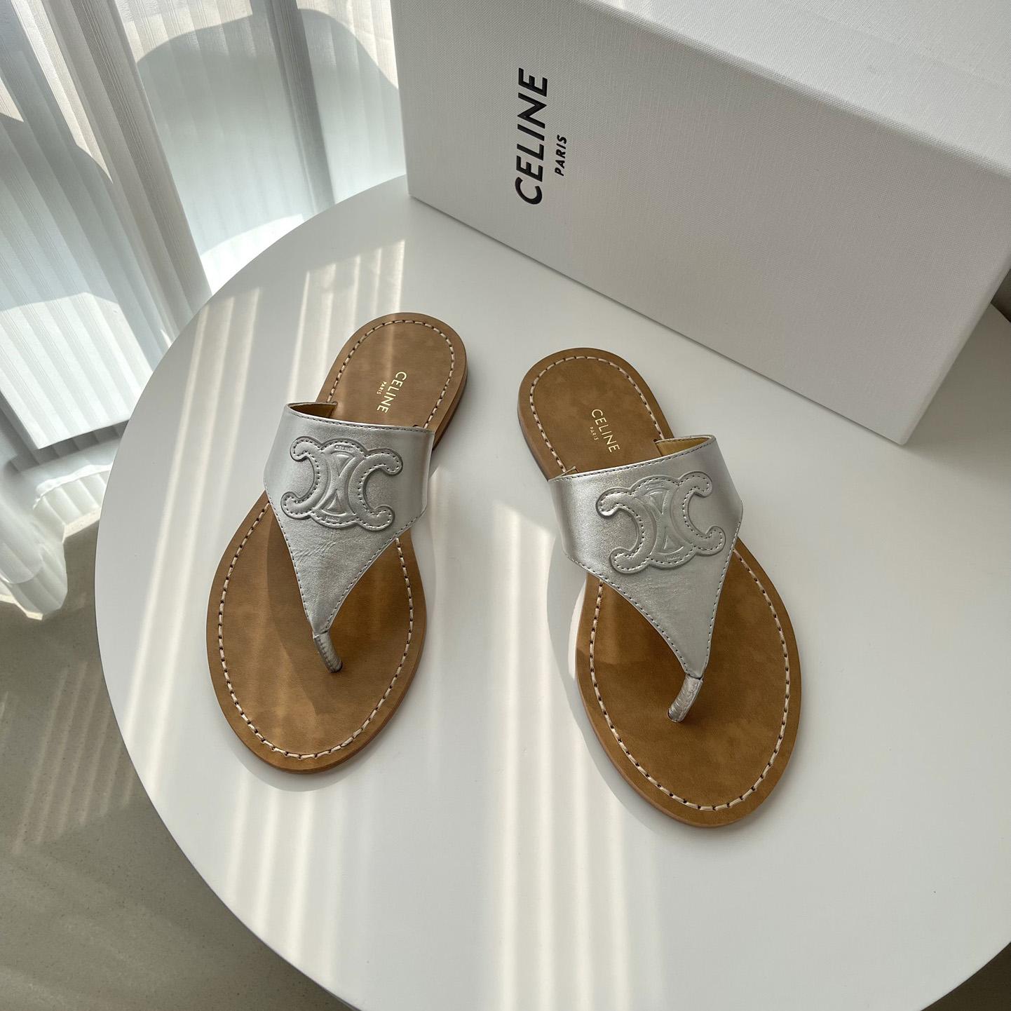 Celine Triomphe Flat Thong In Metalized Calfskin Silver - PerfectKickZ