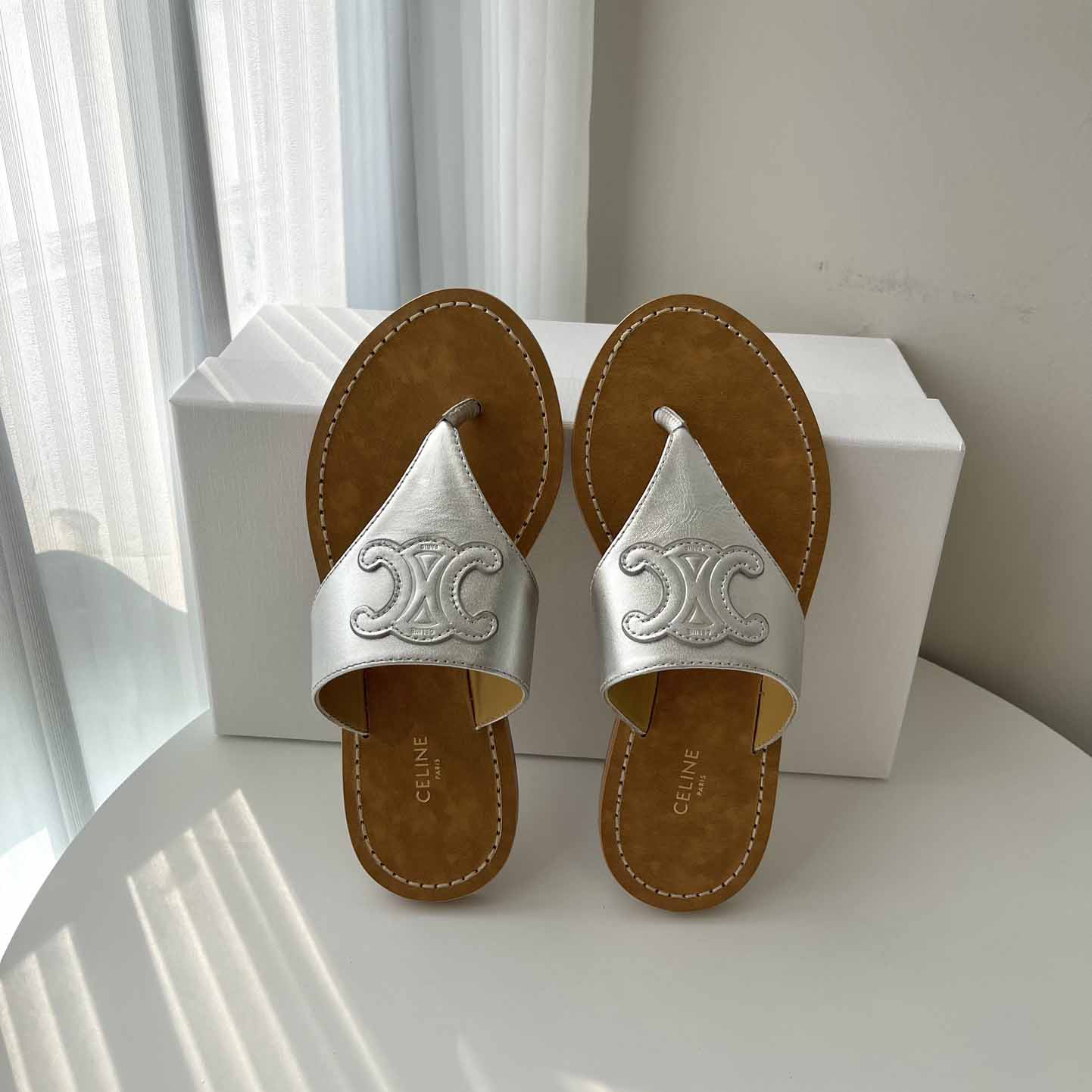 Celine Triomphe Flat Thong In Metalized Calfskin Silver - PerfectKickZ