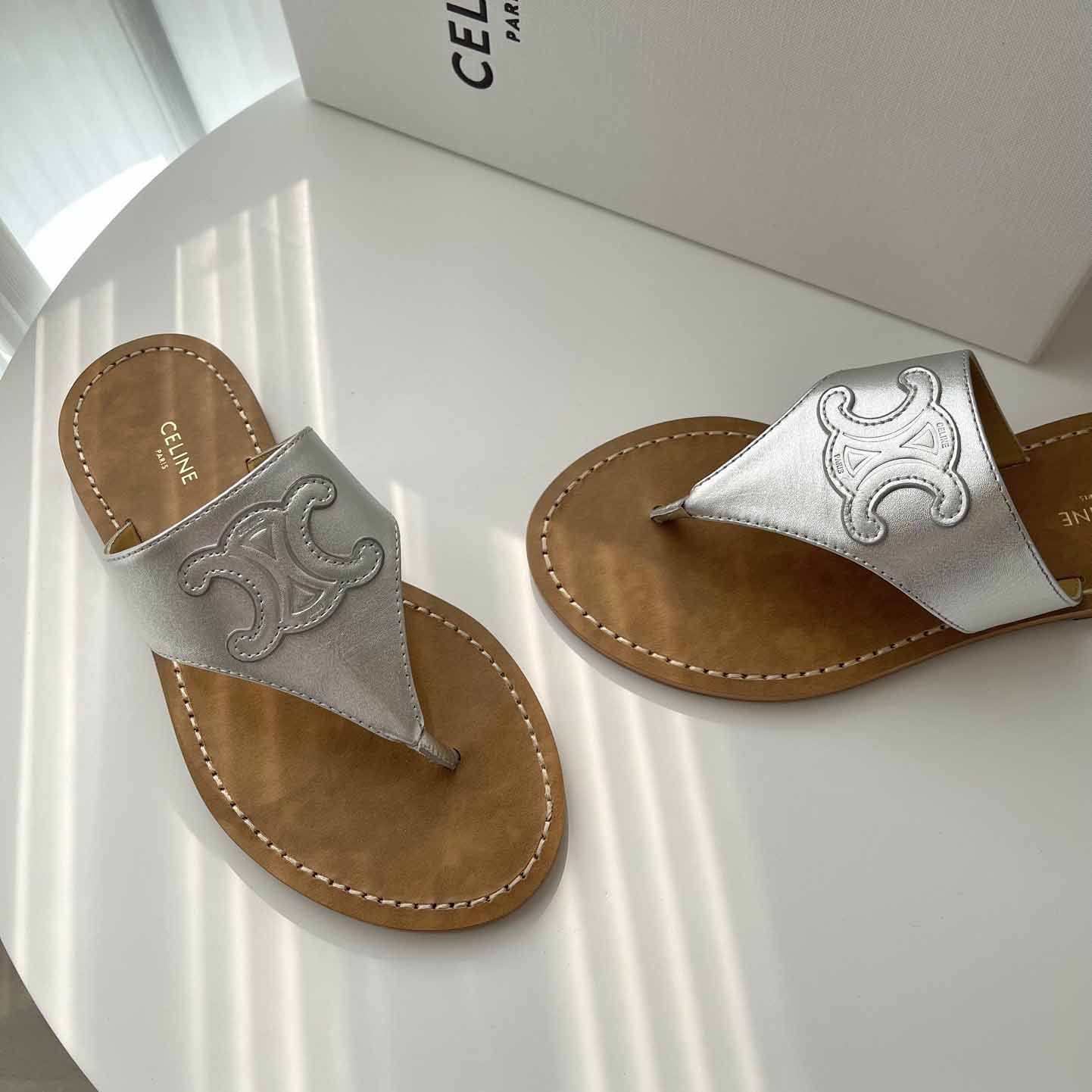 Celine Triomphe Flat Thong In Metalized Calfskin Silver - PerfectKickZ