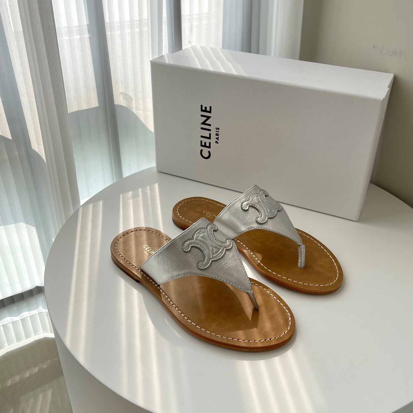 Celine Triomphe Flat Thong In Metalized Calfskin Silver - PerfectKickZ