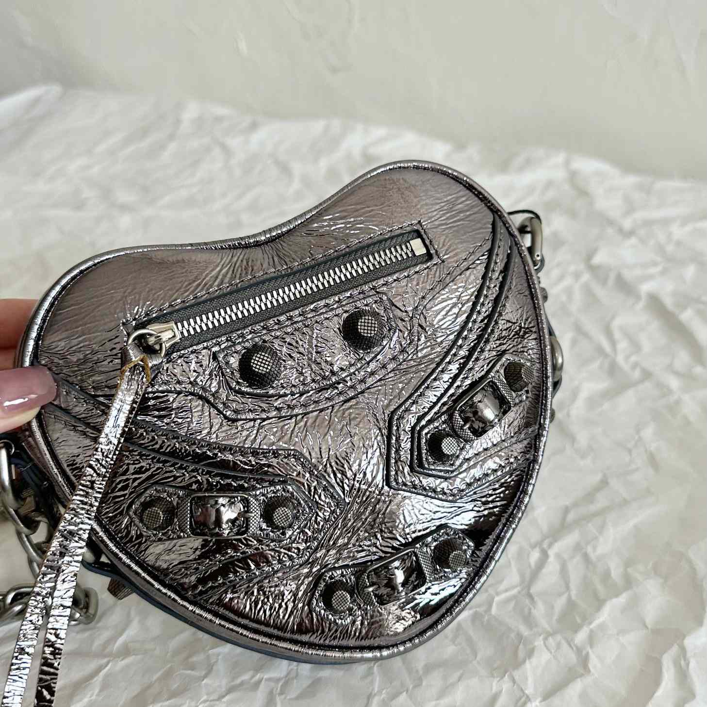 Balenciaga Le Cagole Heart Mini Bag Metallized In Silver (16-12.7-4.5cm) - PerfectKickZ