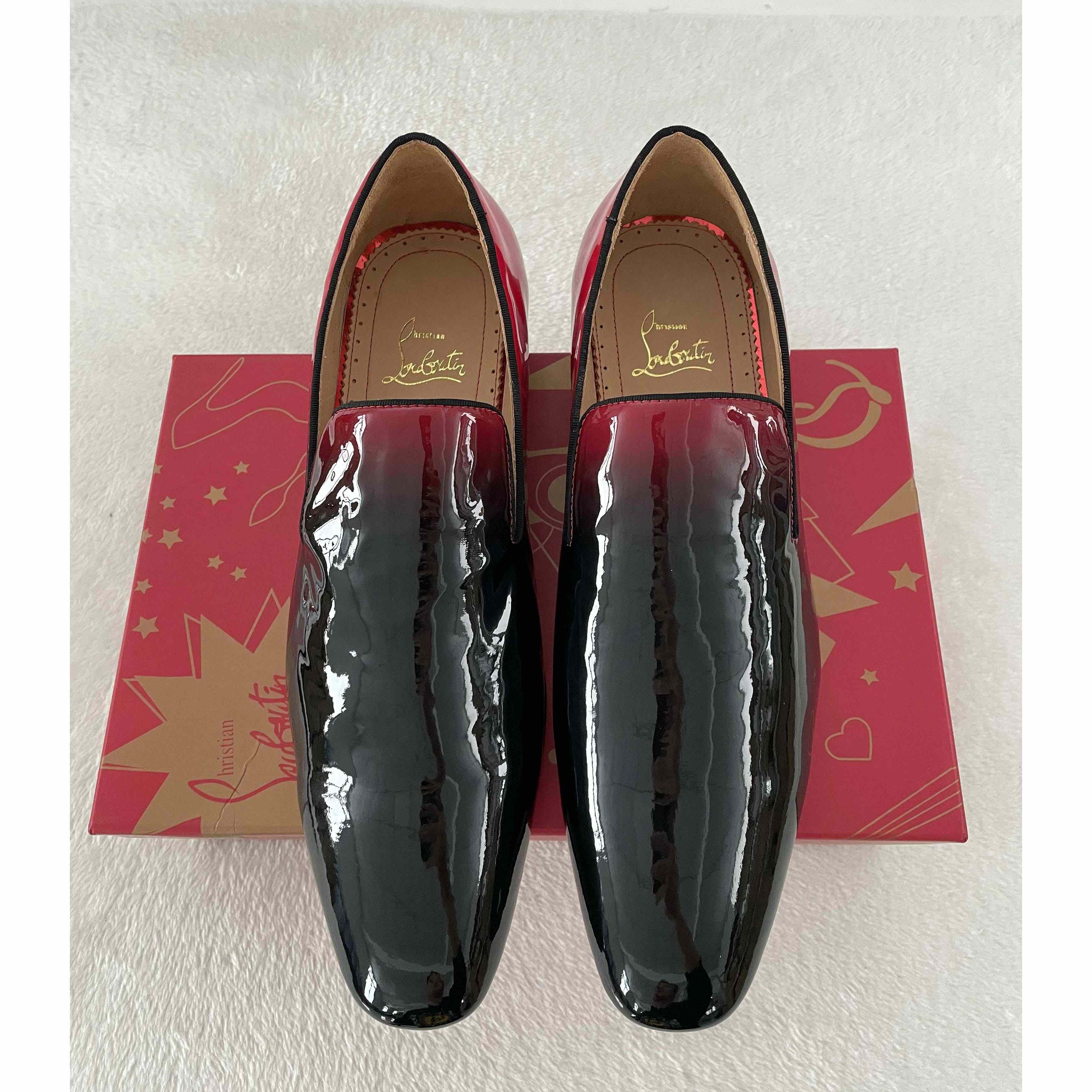 Christian Louboutin Black Red Patent leather Loafers Dress Shoes - PerfectKickZ