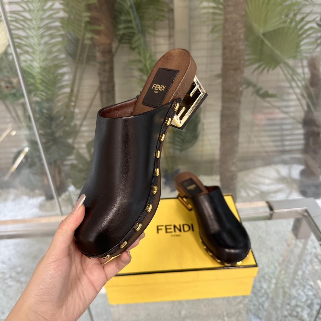 Fendi Baguette Show Black Leather Medium-heel Clogs - PerfectKickZ