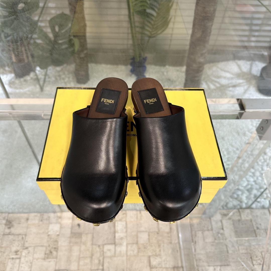Fendi Baguette Show Black Leather Medium-heel Clogs - PerfectKickZ