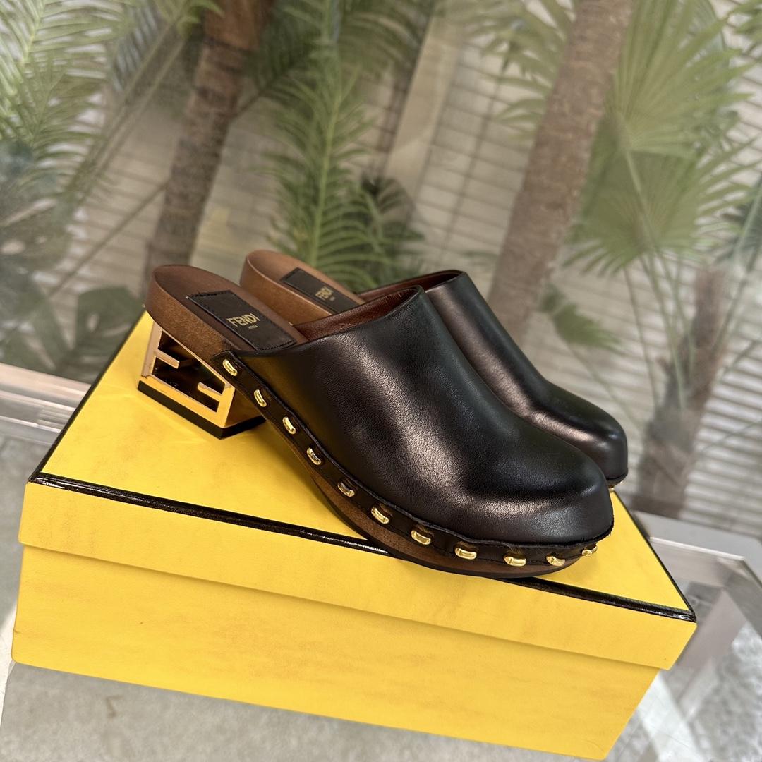 Fendi Baguette Show Black Leather Medium-heel Clogs - PerfectKickZ