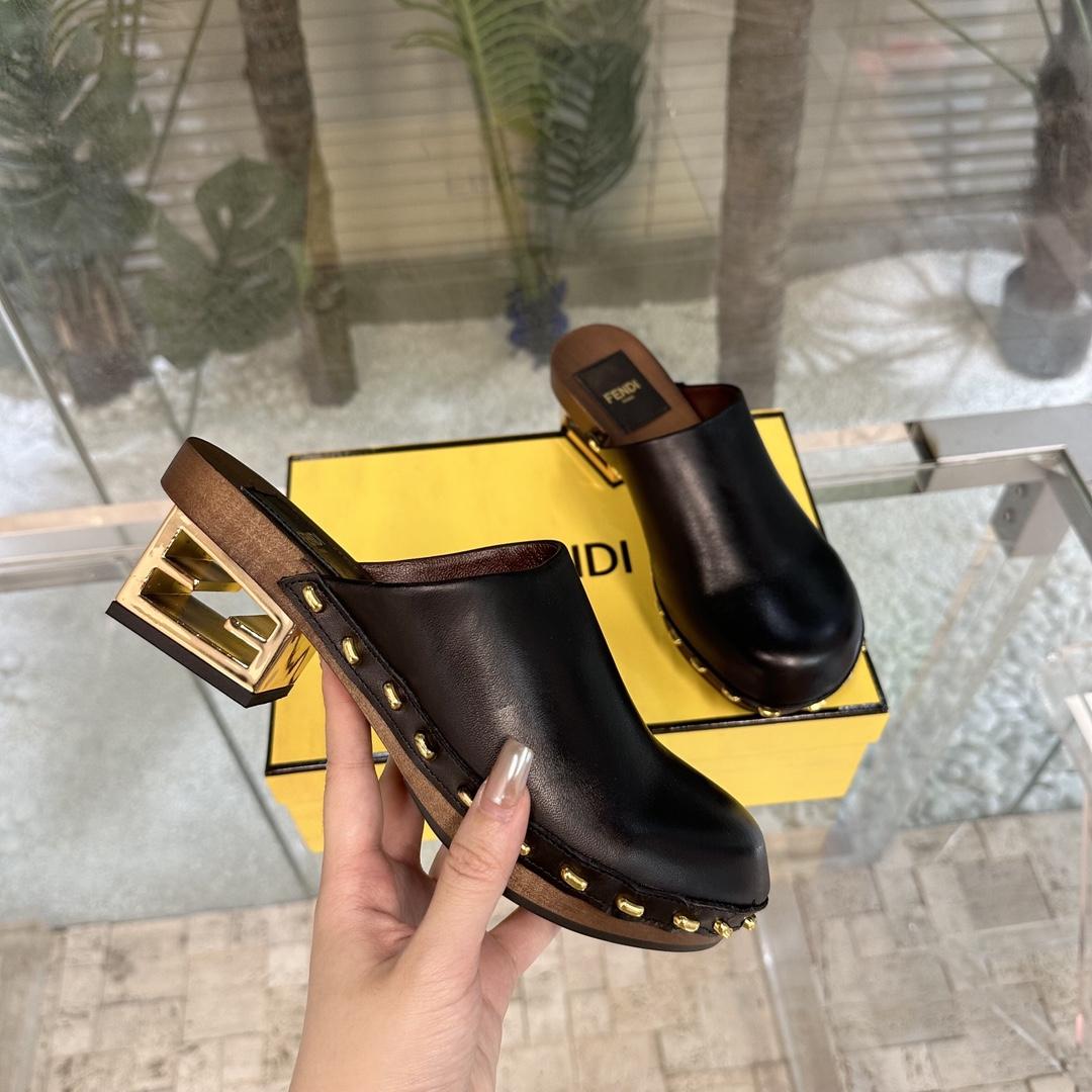 Fendi Baguette Show Black Leather Medium-heel Clogs - PerfectKickZ