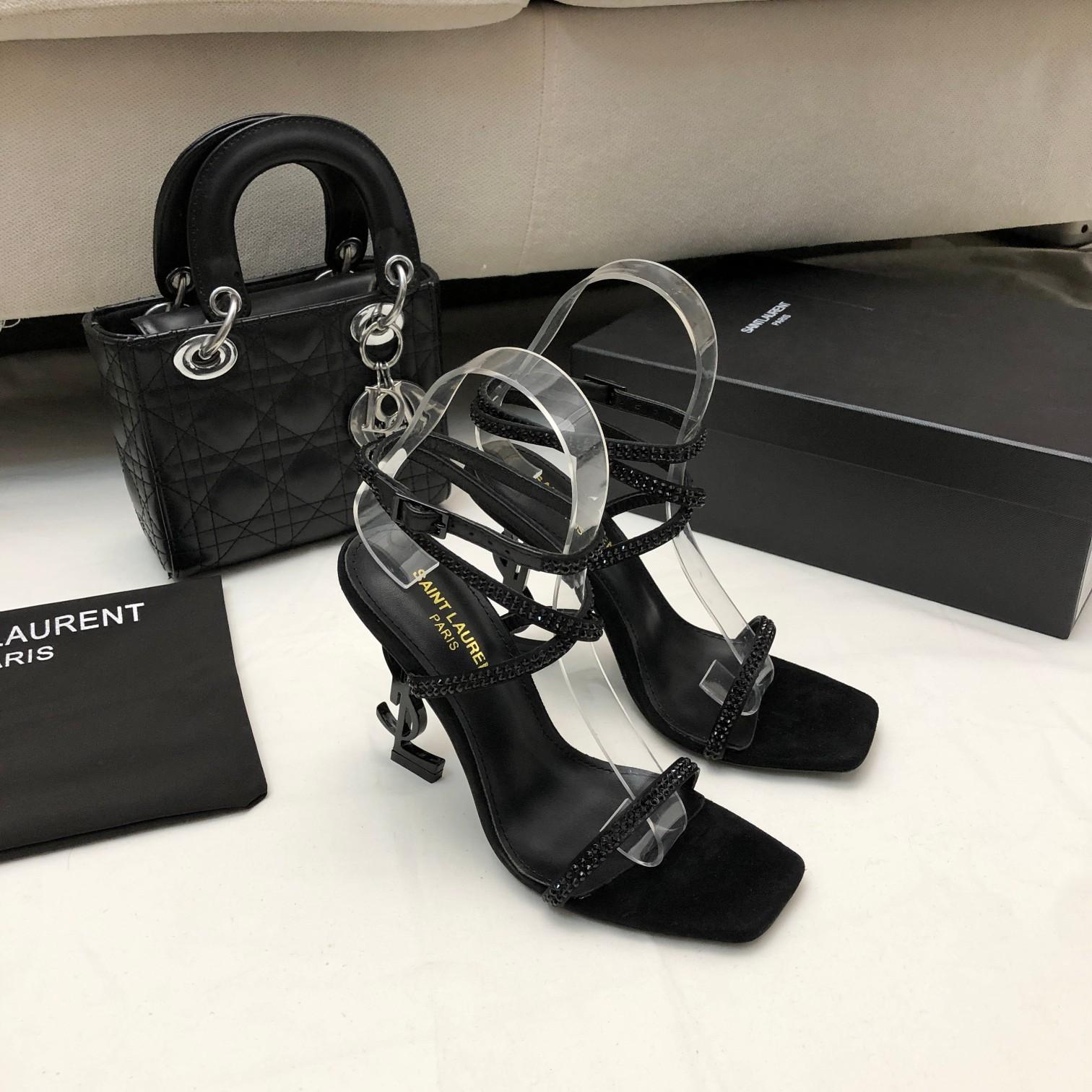 Saint Laurent Opyum Sandals In Crepe Satin And Rhinestones - PerfectKickZ