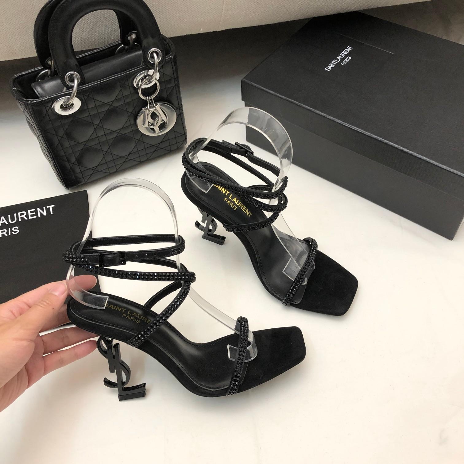 Saint Laurent Opyum Sandals In Crepe Satin And Rhinestones - PerfectKickZ