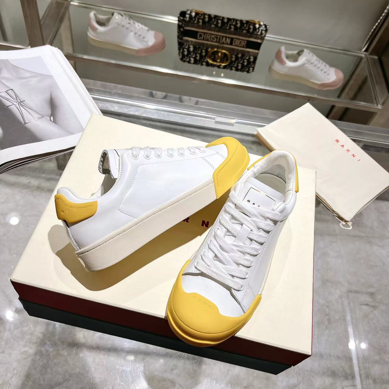 Marni Dada Bumper Sneaker In White And Yellow Leather - 