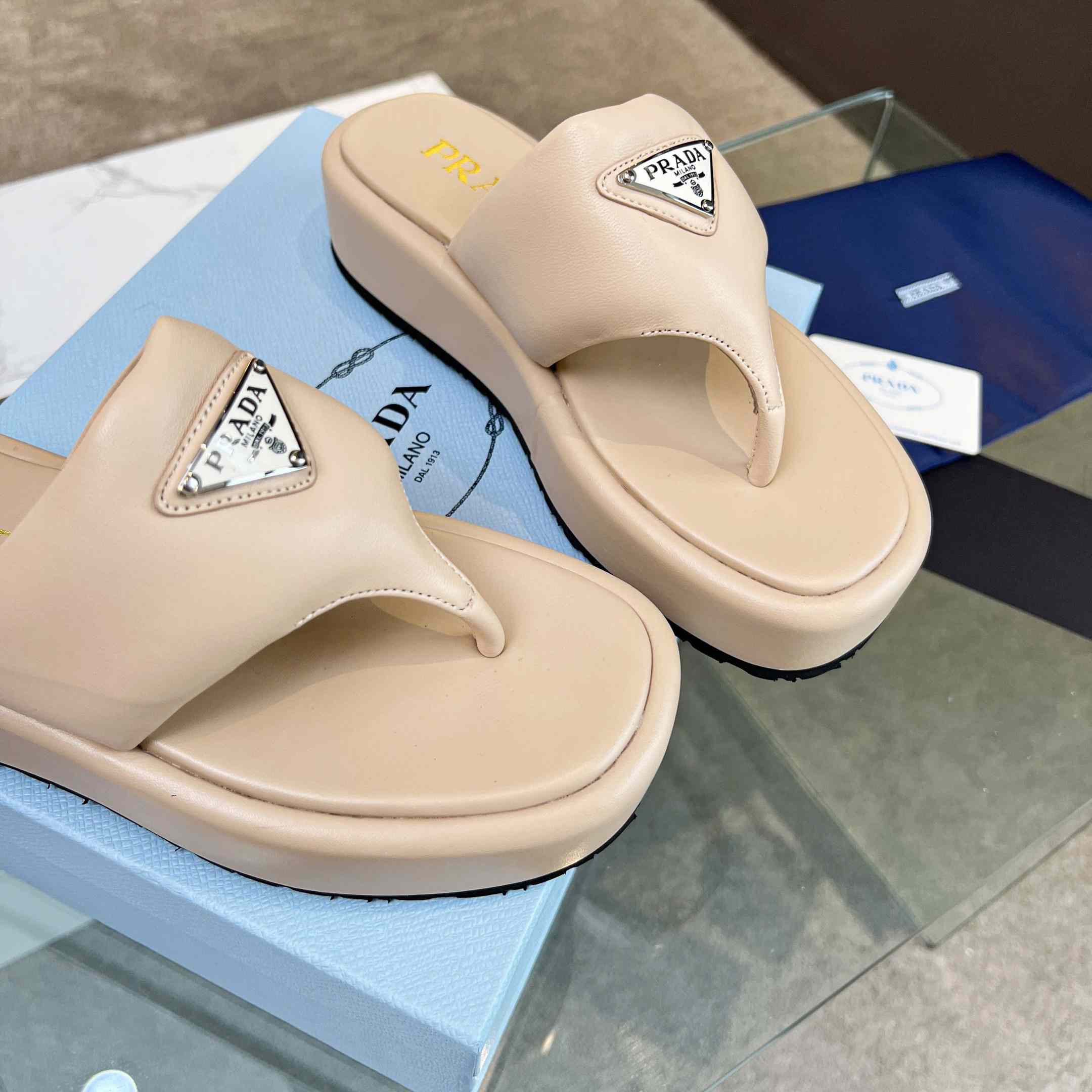 Prada Soft Padded Nappa Leather Thong Wedge Sandals - PerfectKickZ