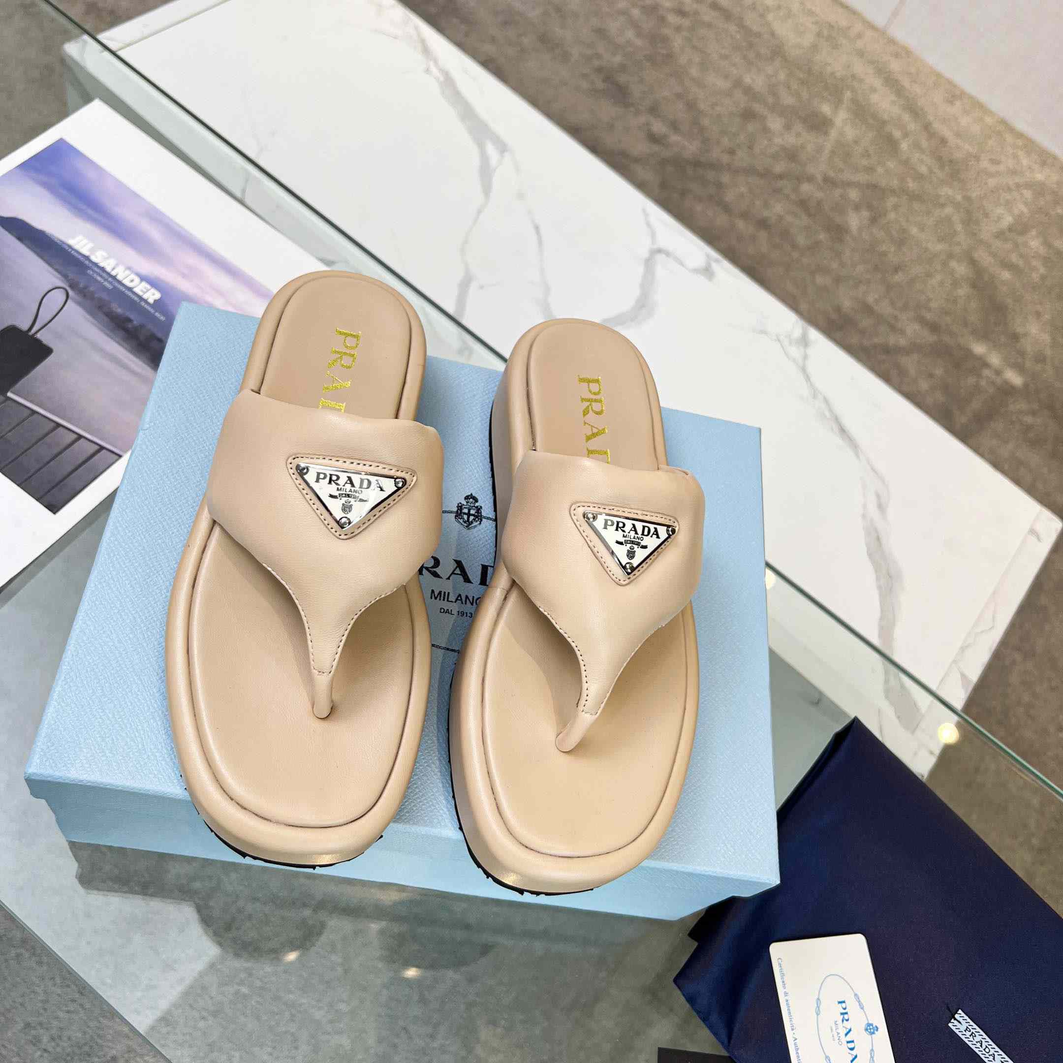 Prada Soft Padded Nappa Leather Thong Wedge Sandals - PerfectKickZ