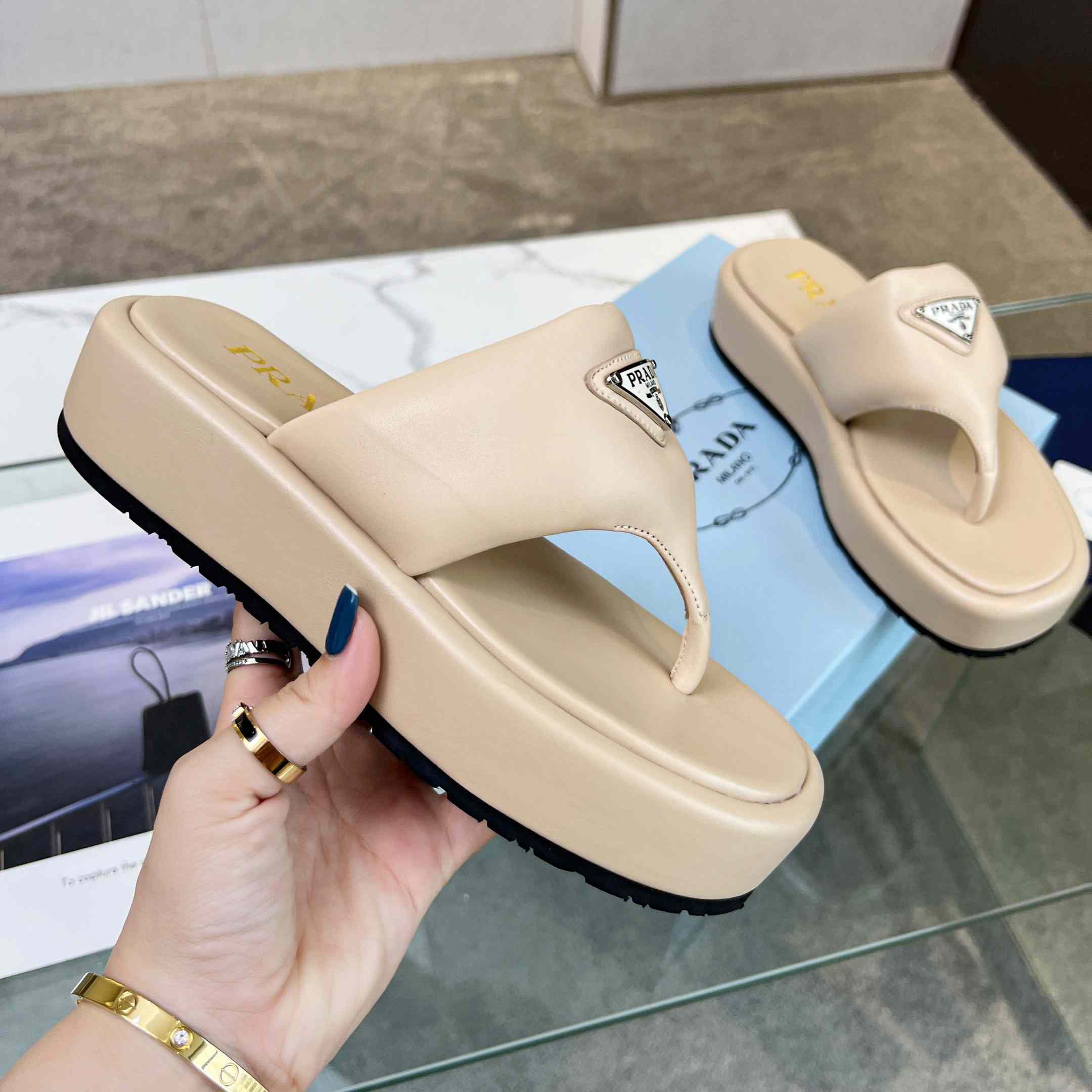 Prada Soft Padded Nappa Leather Thong Wedge Sandals - PerfectKickZ