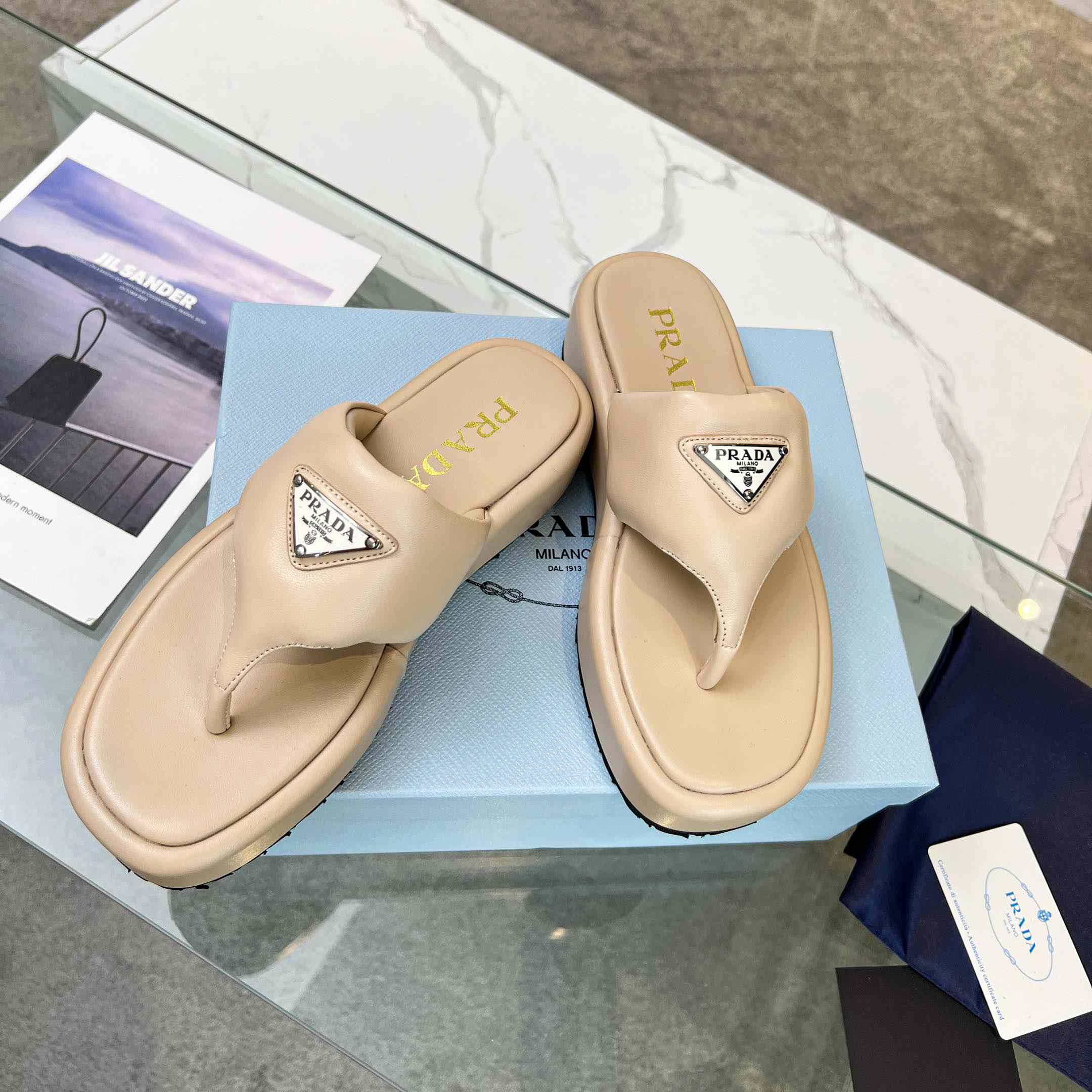 Prada Soft Padded Nappa Leather Thong Wedge Sandals - PerfectKickZ