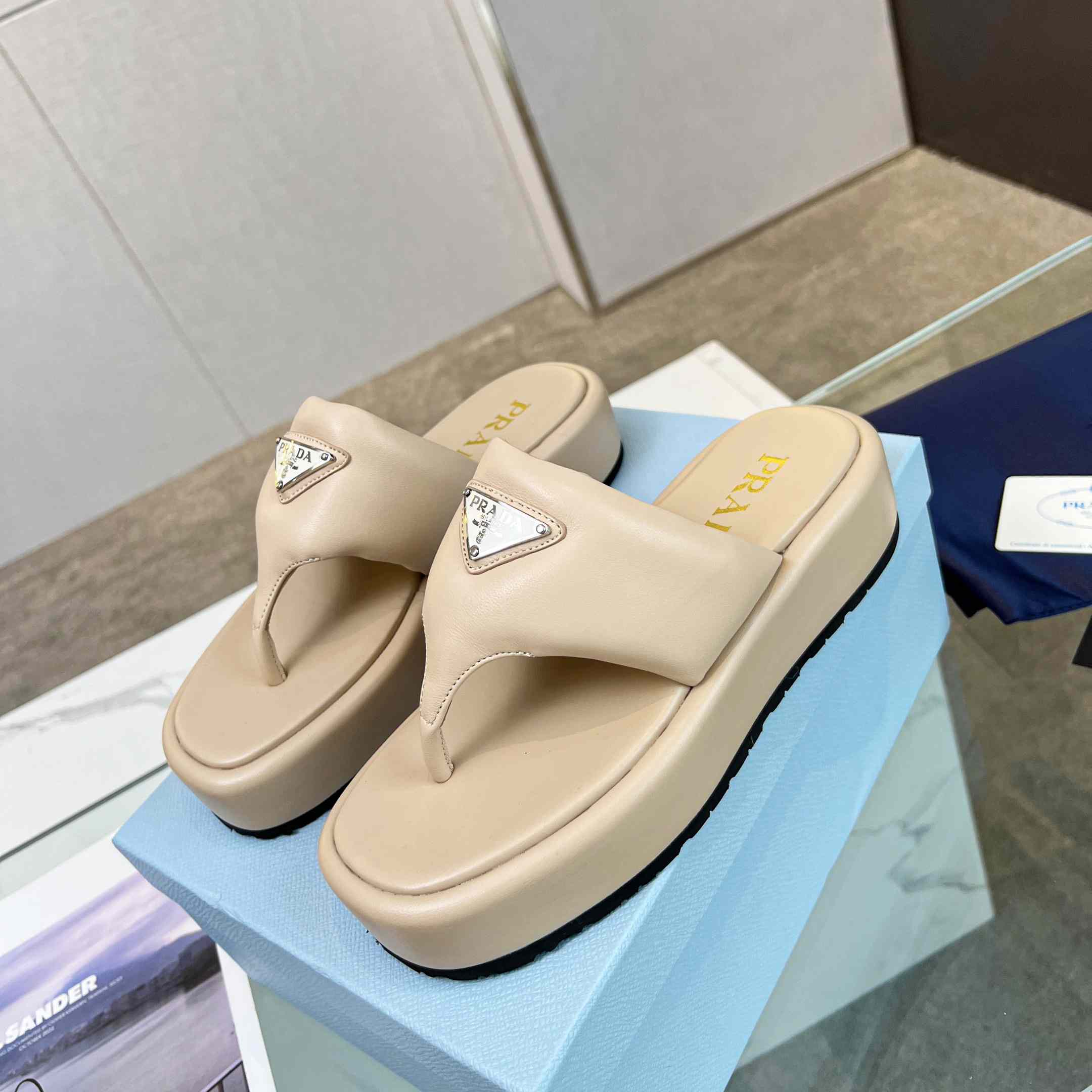 Prada Soft Padded Nappa Leather Thong Wedge Sandals - PerfectKickZ