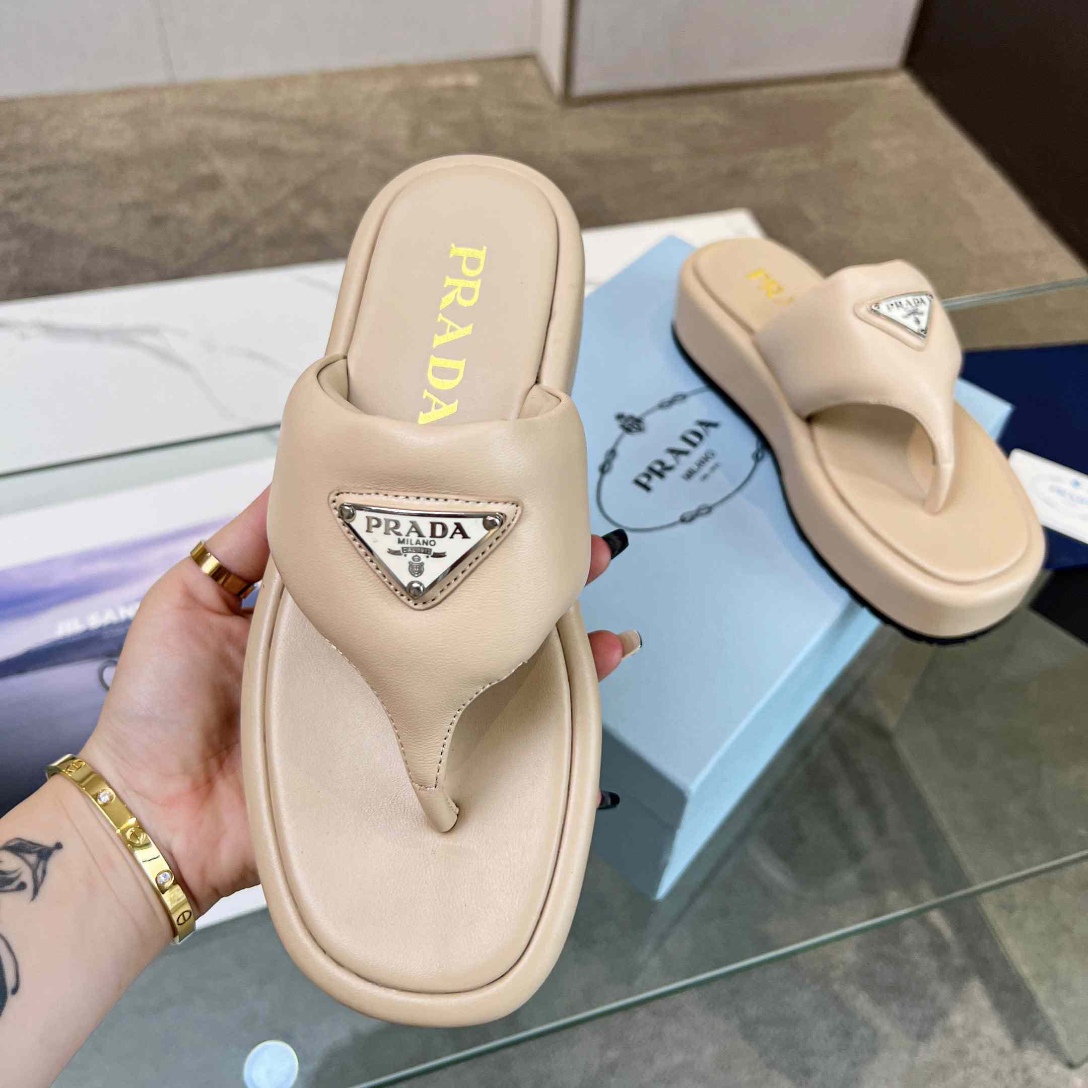 Prada Soft Padded Nappa Leather Thong Wedge Sandals - PerfectKickZ