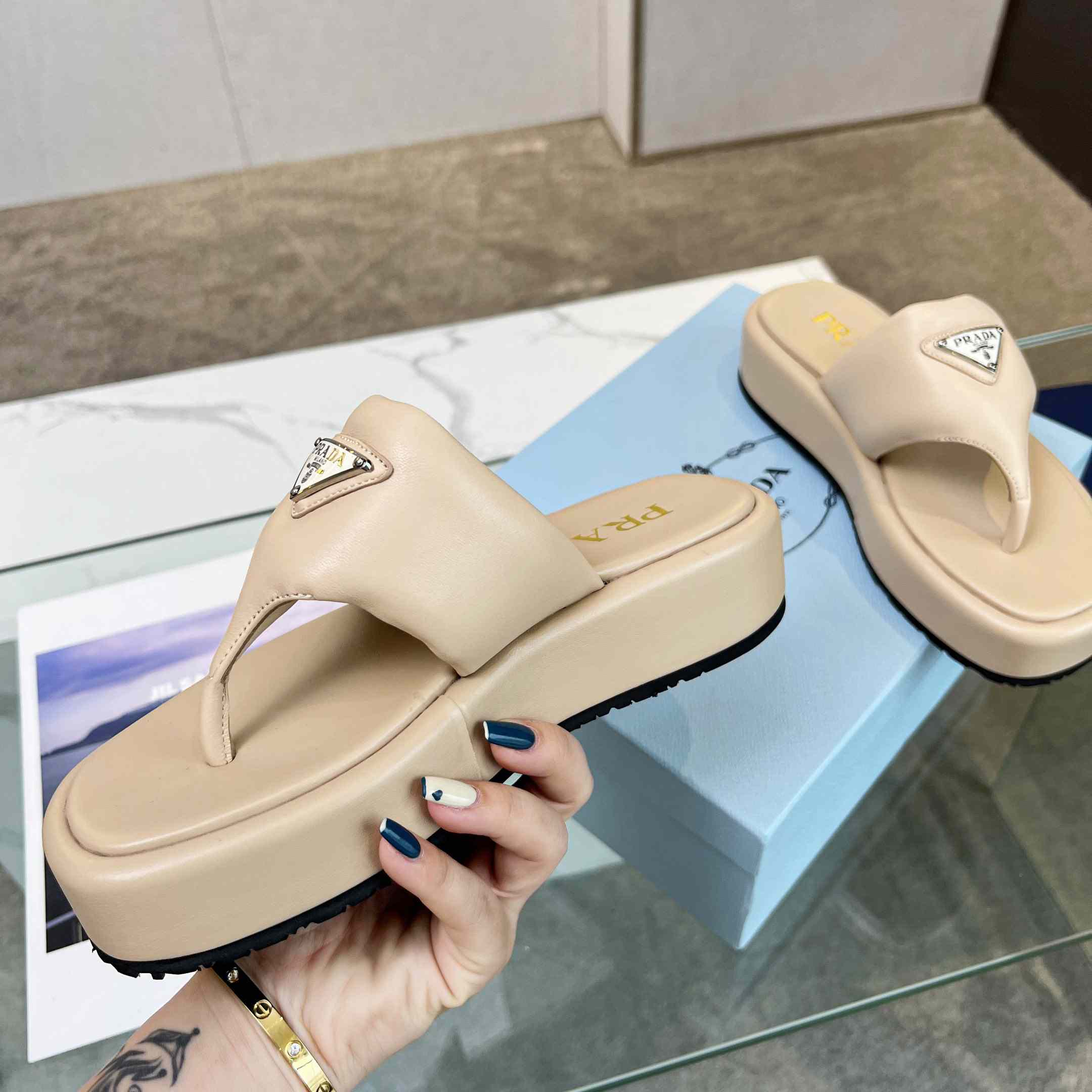Prada Soft Padded Nappa Leather Thong Wedge Sandals - PerfectKickZ