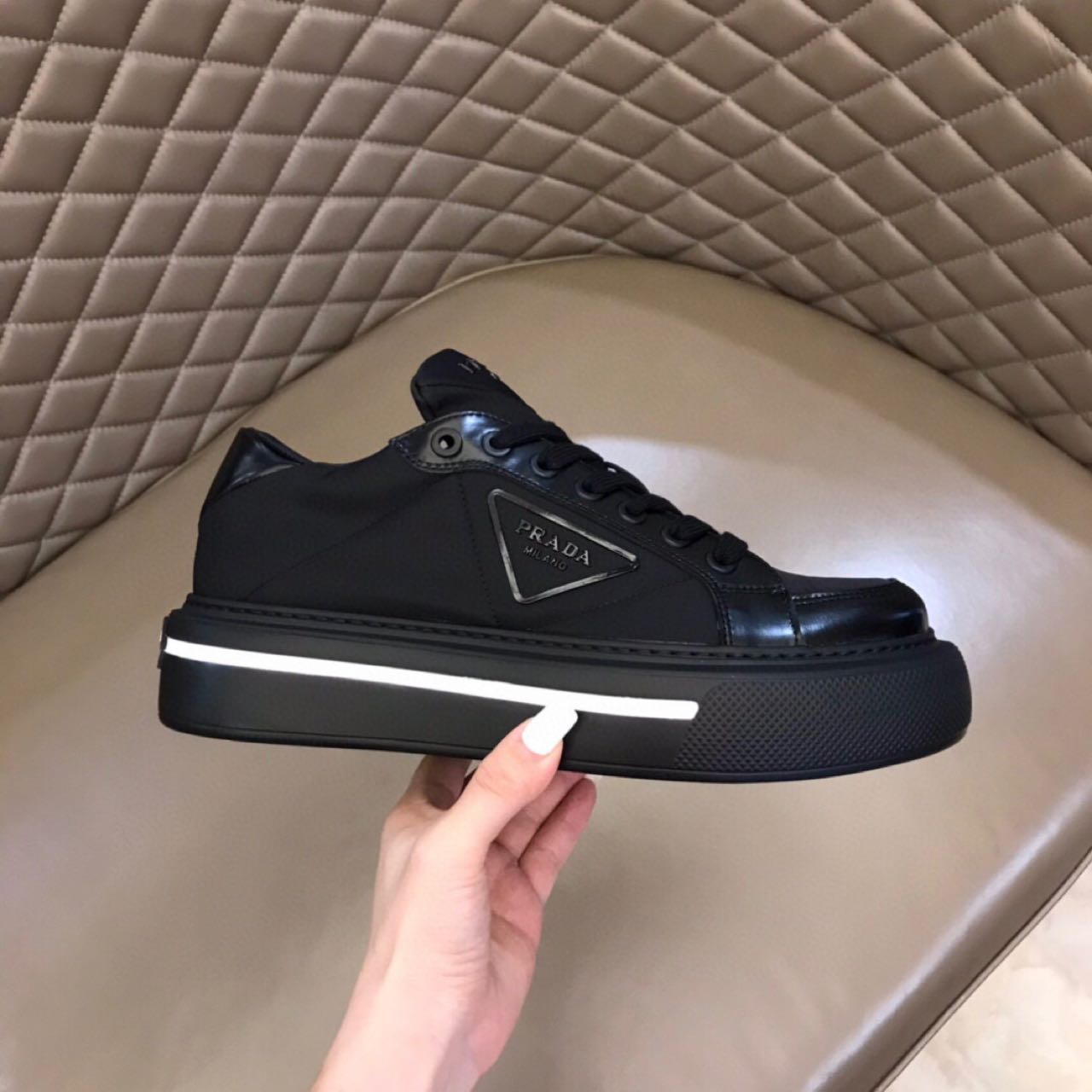 Prada Macro Re-Nylon And Brushed Leather Sneakers - PerfectKickZ