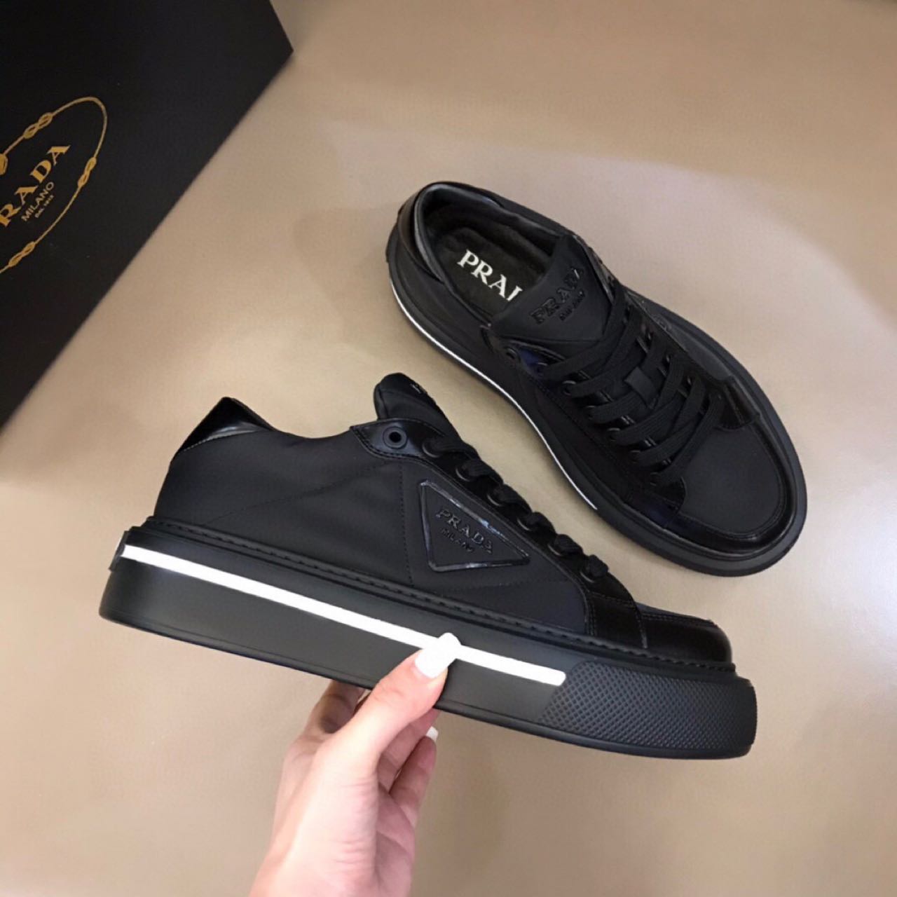 Prada Macro Re-Nylon And Brushed Leather Sneakers - PerfectKickZ