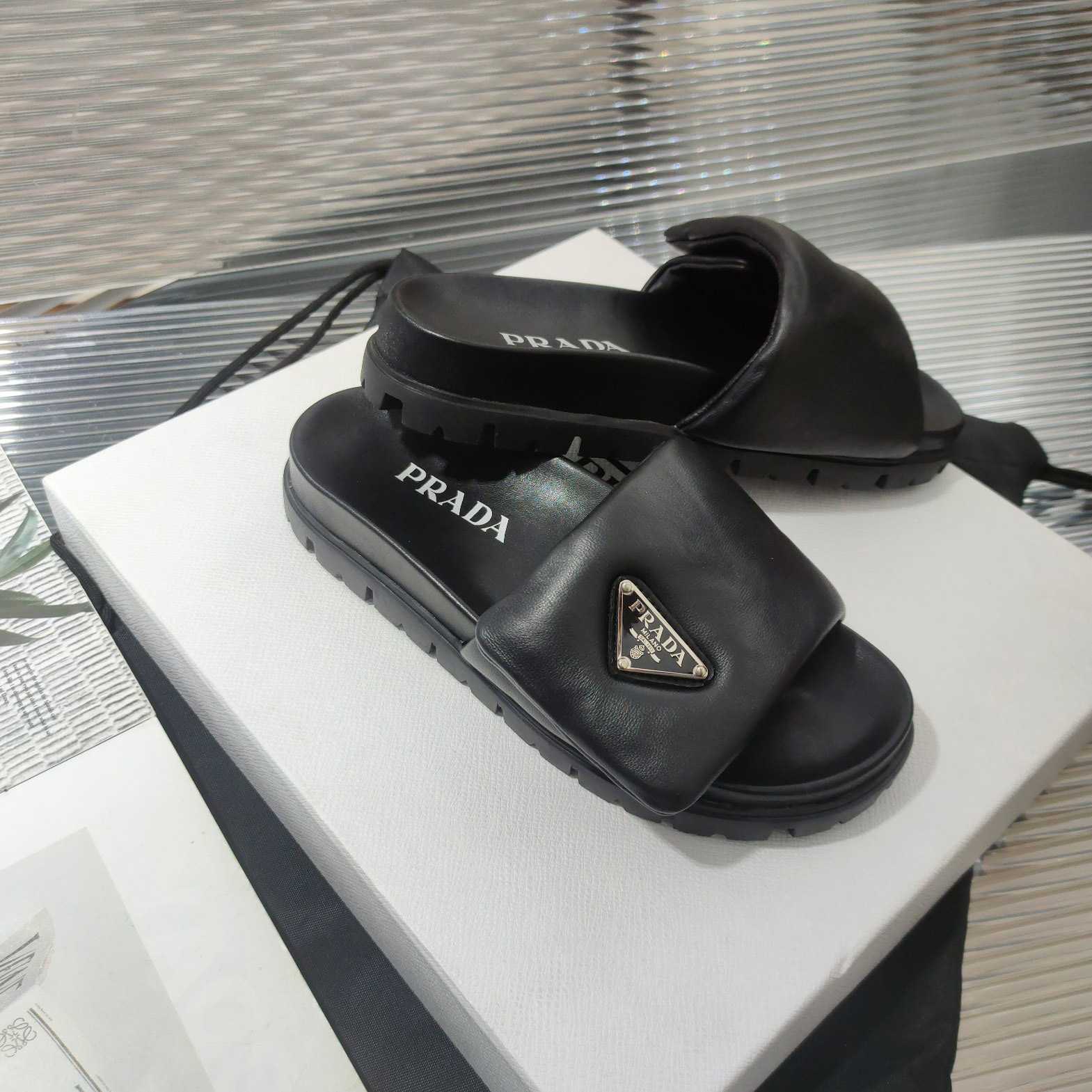 Prada Soft Padded Nappa Leather Slides - PerfectKickZ