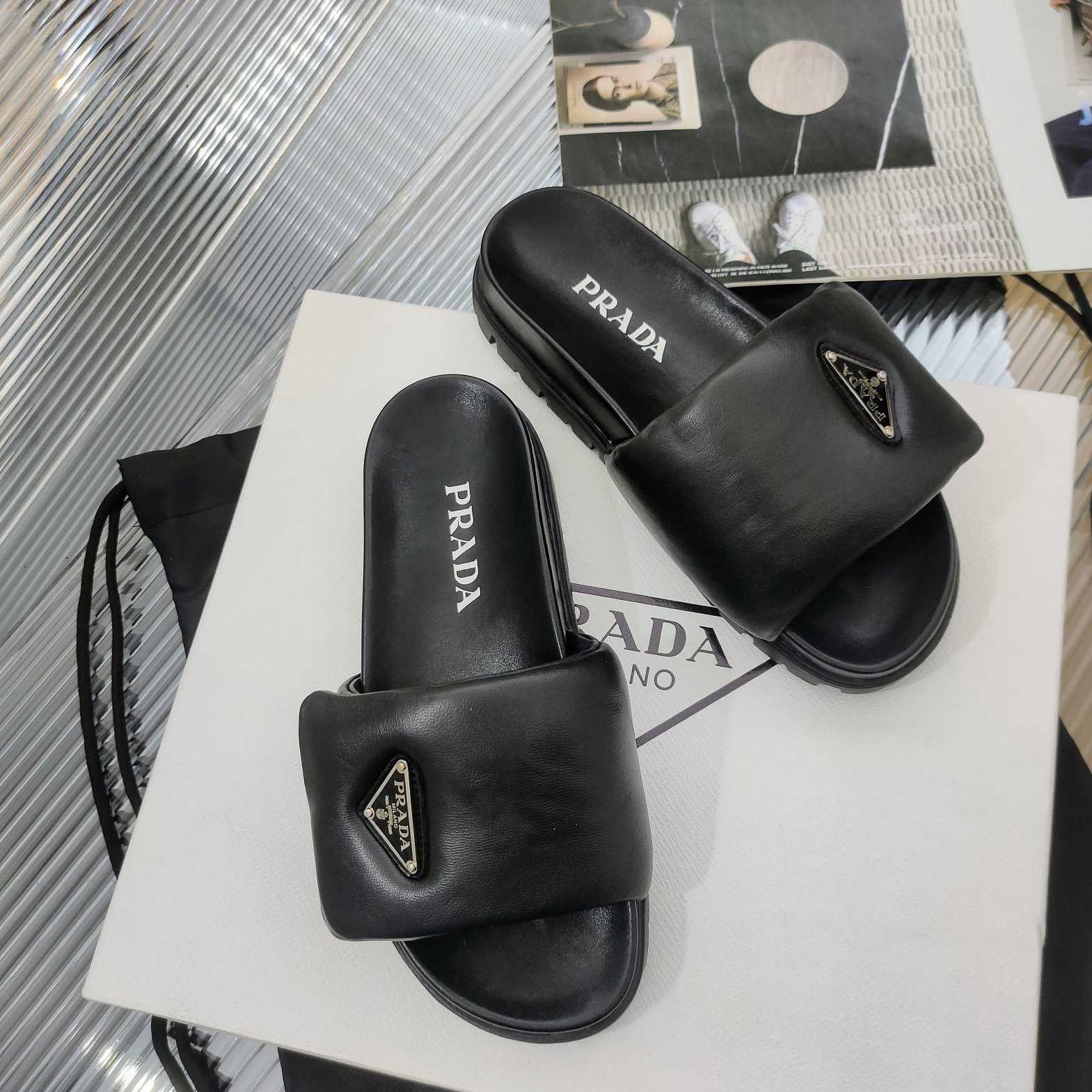 Prada Soft Padded Nappa Leather Slides - PerfectKickZ