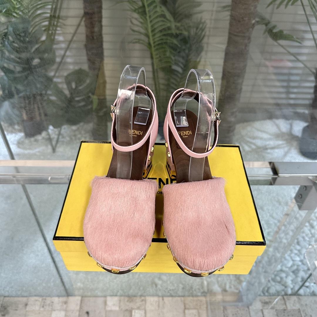 Fendi Baguette Show Pink pony Hair High-heeled Clogs - PerfectKickZ