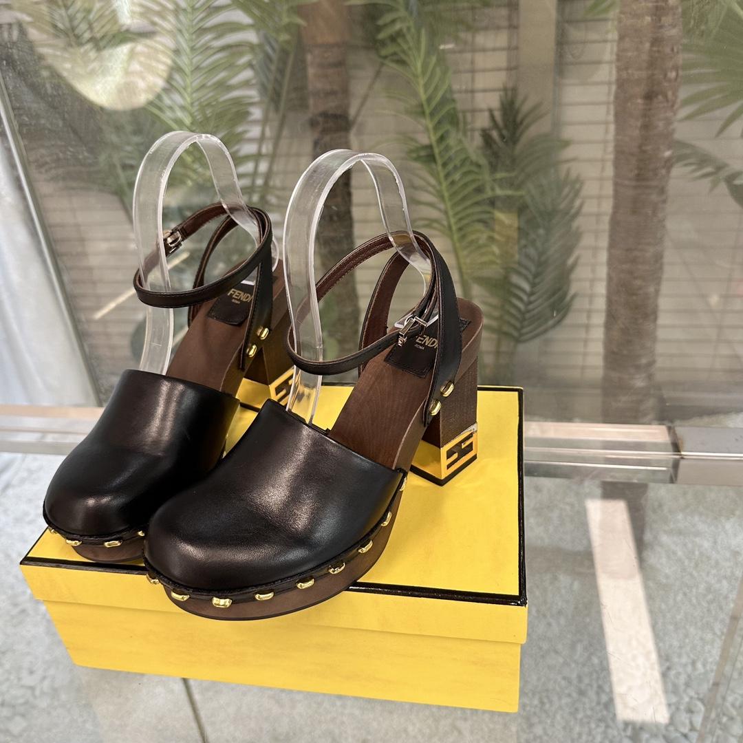 Fendi Baguette Show Black Leather High-heeled Clogs - PerfectKickZ