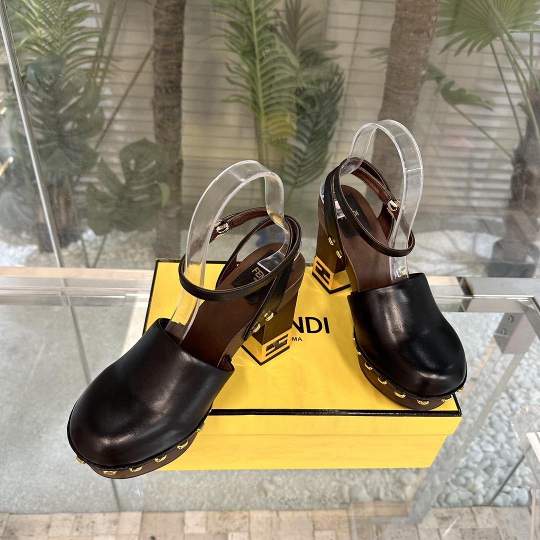 Fendi Baguette Show Black Leather High-heeled Clogs - PerfectKickZ