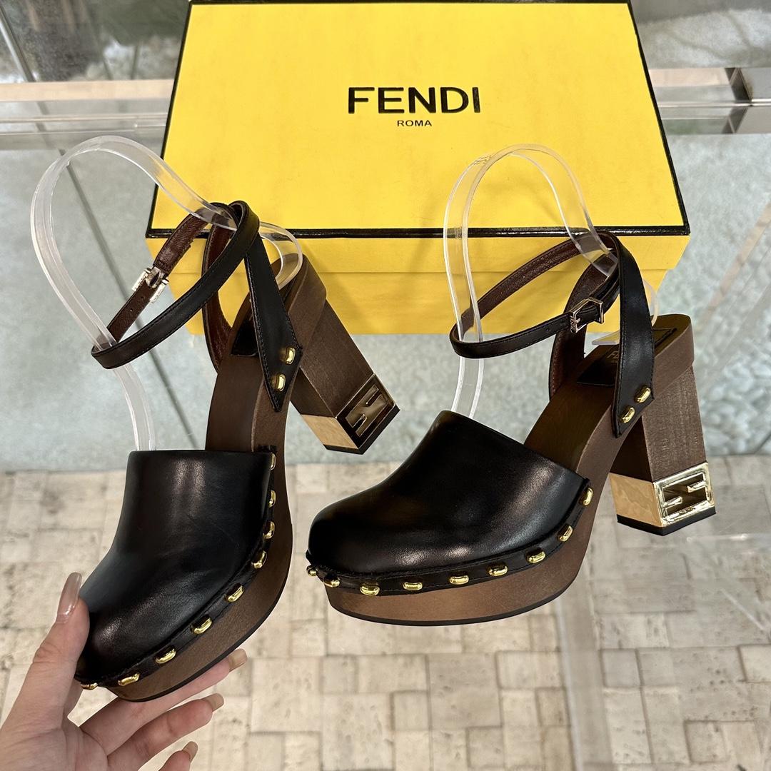 Fendi Baguette Show Black Leather High-heeled Clogs - PerfectKickZ