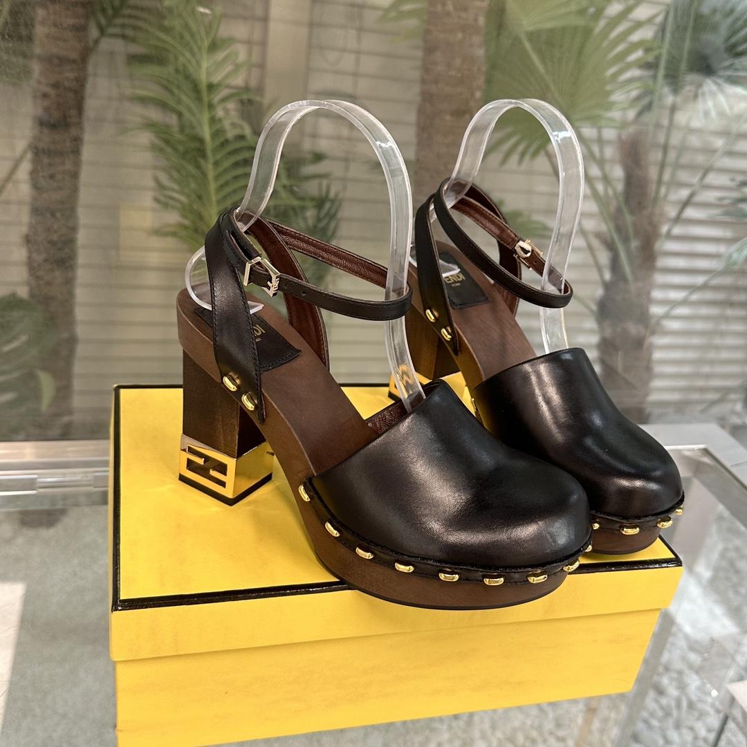 Fendi Baguette Show Black Leather High-heeled Clogs - PerfectKickZ
