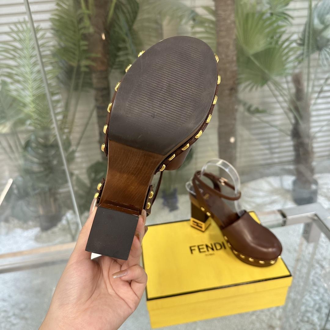 Fendi Baguette Show Brown Leather High-heeled Clogs - PerfectKickZ